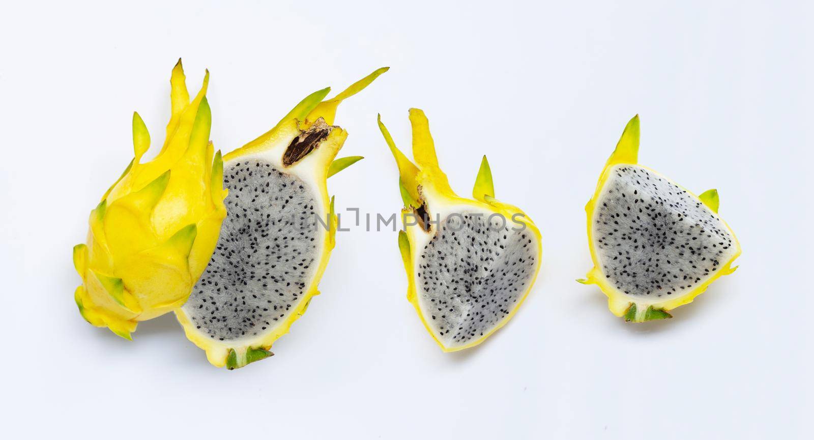 Yellow pitahaya or dragon fruit on white background.