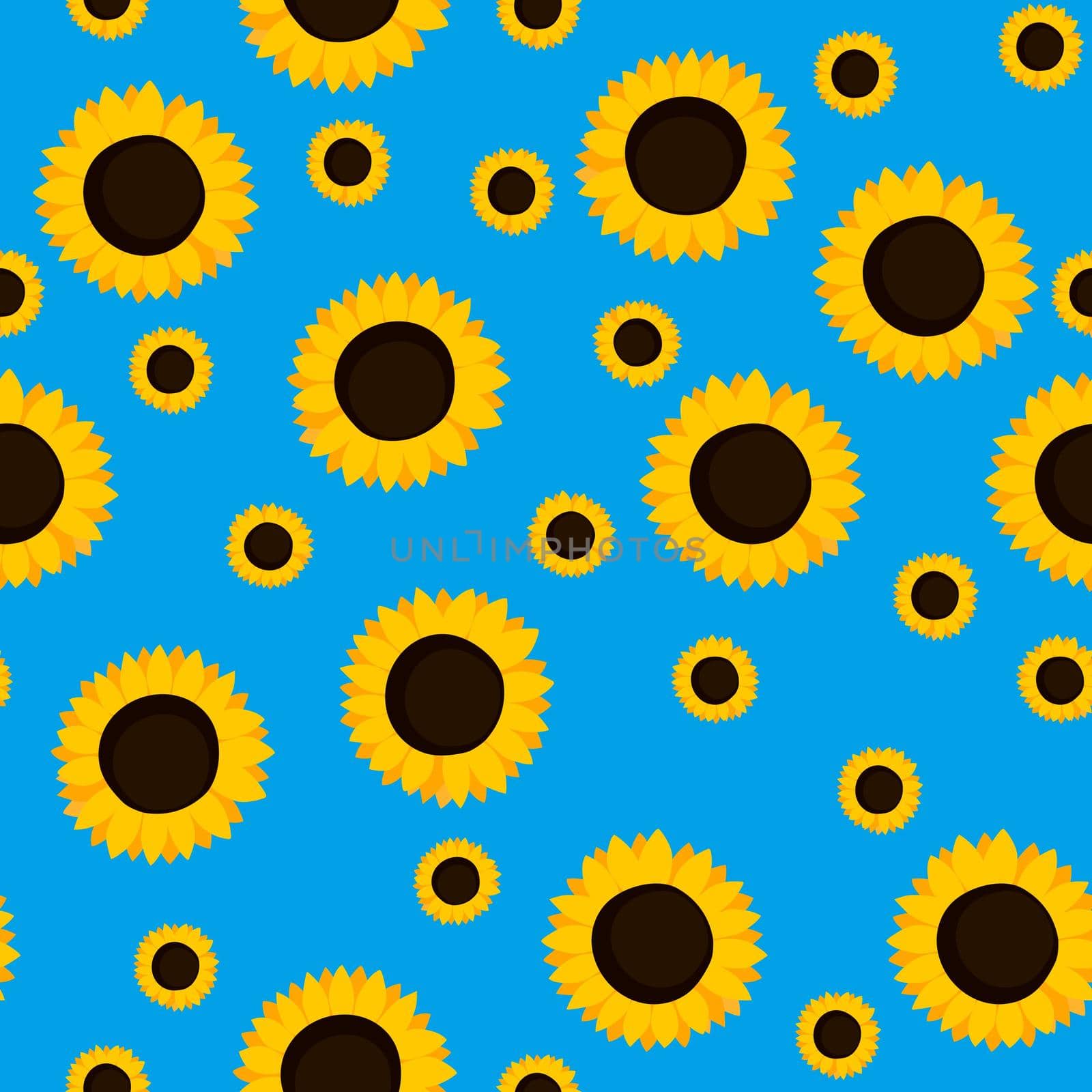 Summer colorful seamless pattern with orange sunflowers on blue background. Cartoon style. Design for fabric, textile, posters, card, paper. Beauty flowers. Vector illustration.