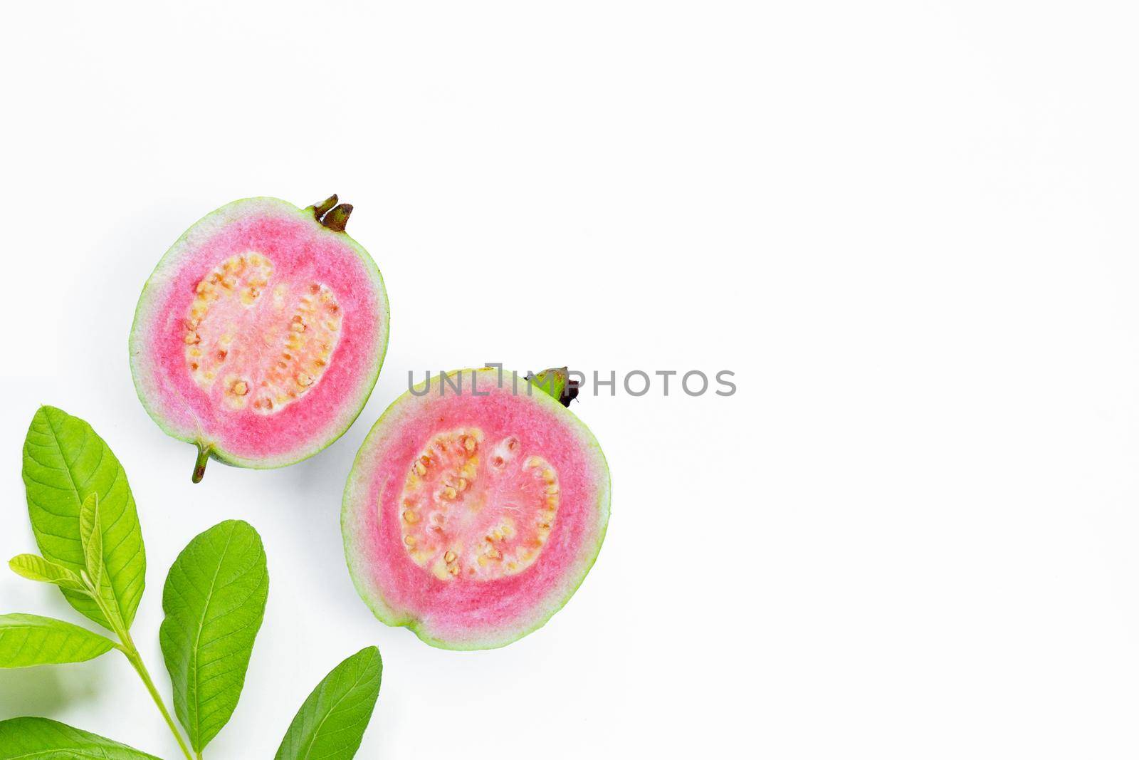 Pink guava on white background.