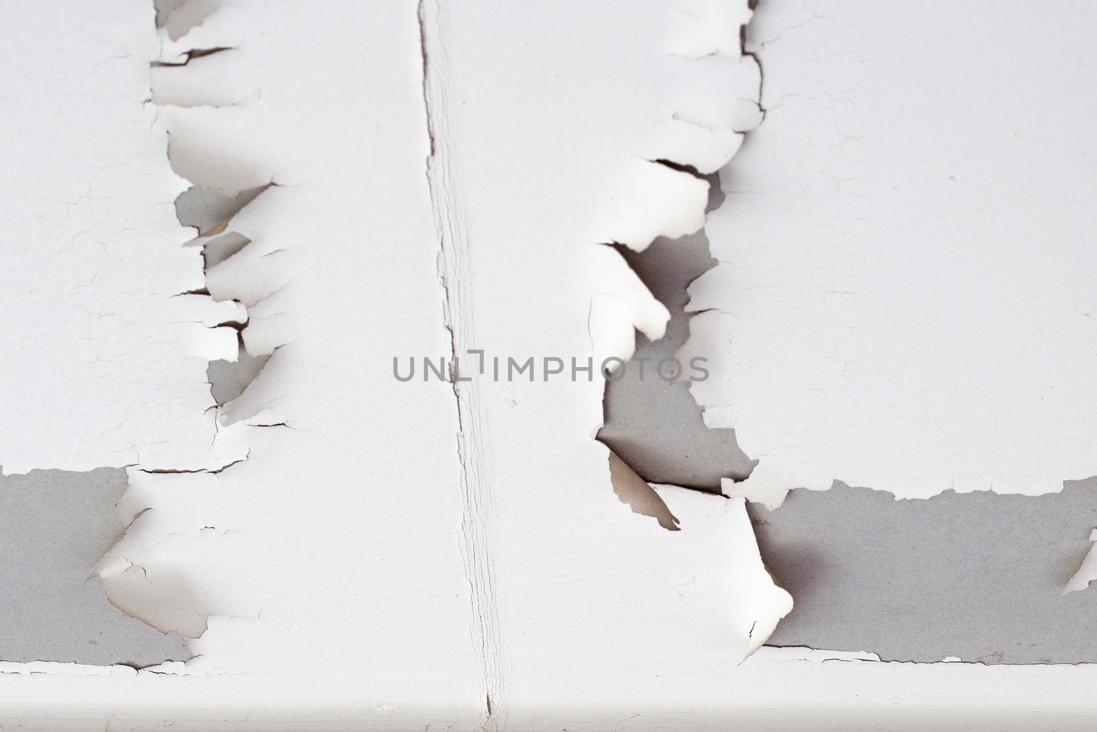 White color paint peeling off on ceiling house. Under the roof