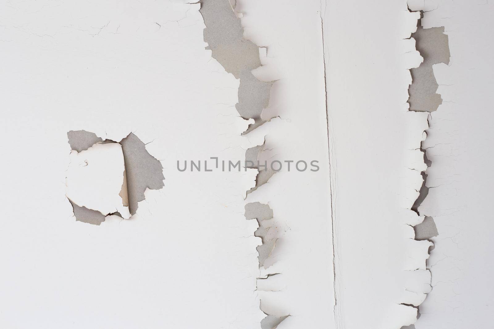 White color paint peeling off on ceiling house. Under the roof