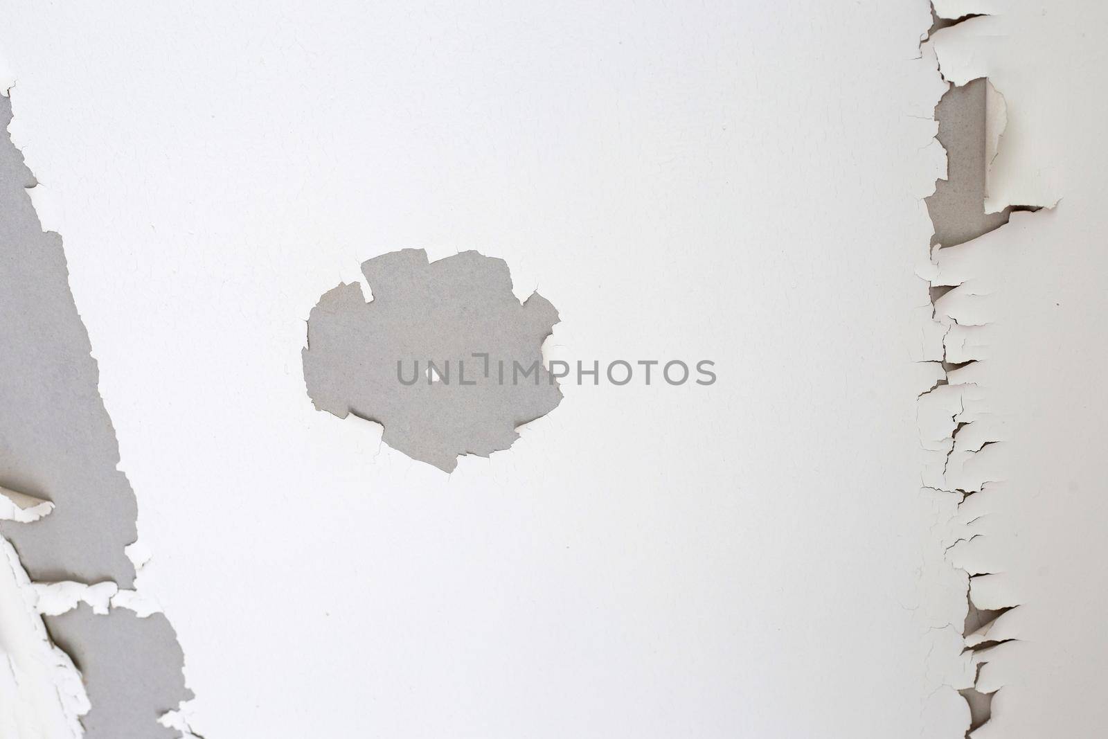 White color paint peeling off on ceiling house. Under the roof