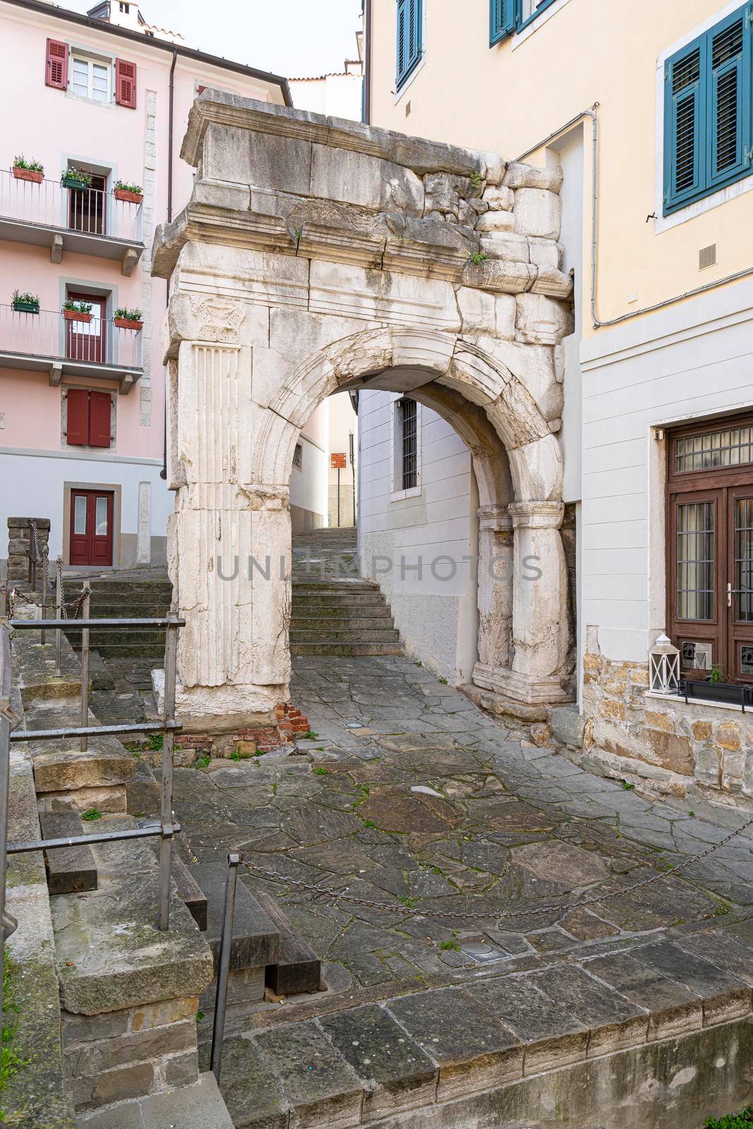 Trieste, Italy. 24 February 2921.  view of the Riccardo arch from Roman times in the city center