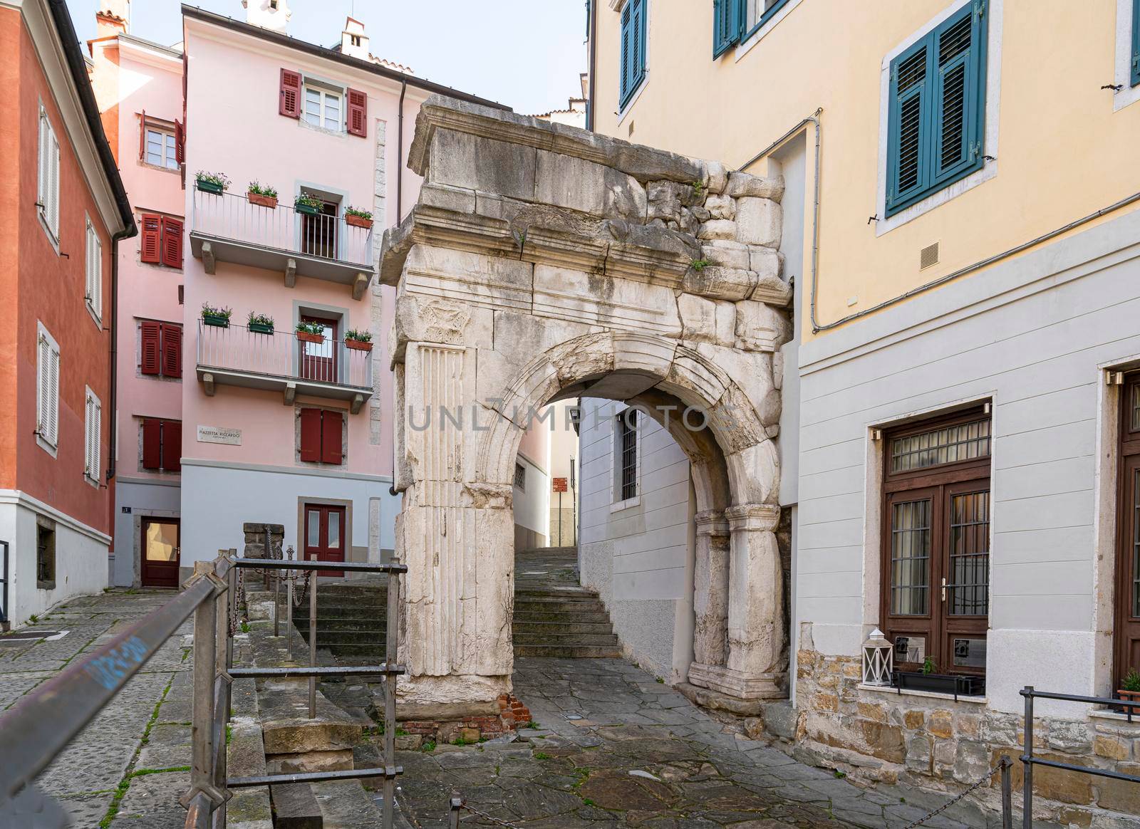 Trieste, Italy. 24 February 2921.  view of the Riccardo arch from Roman times in the city center