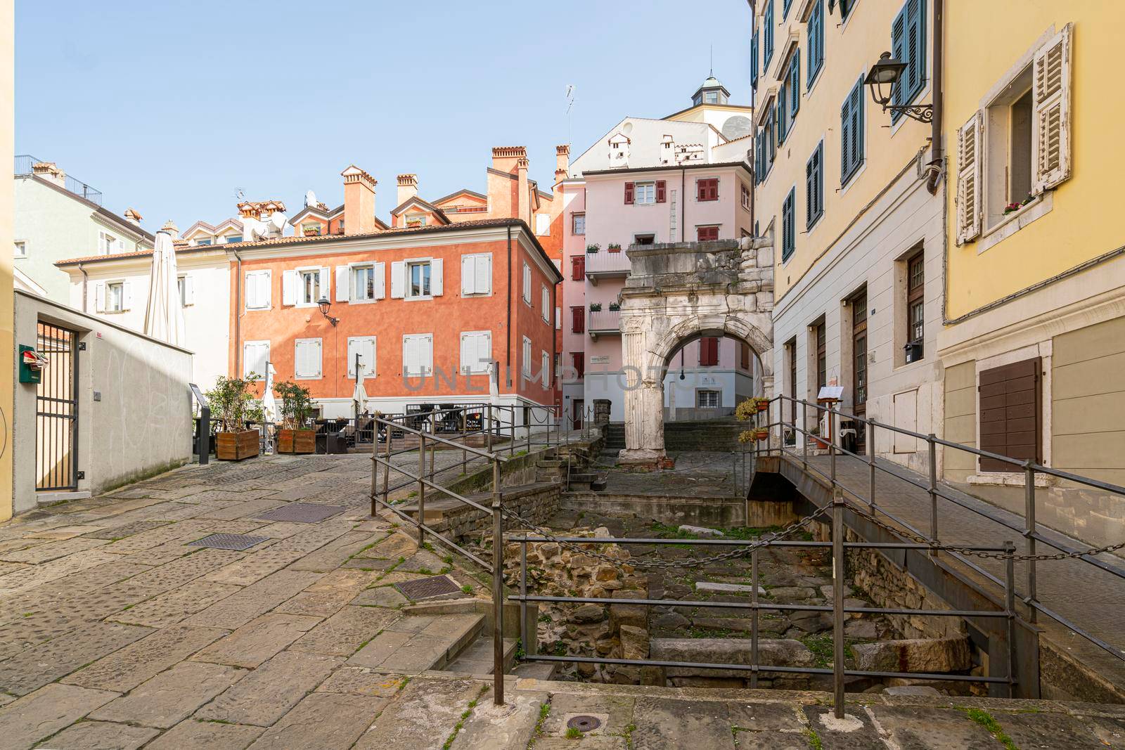 Trieste, Italy. 24 February 2921.  view of the Riccardo arch from Roman times in the city center