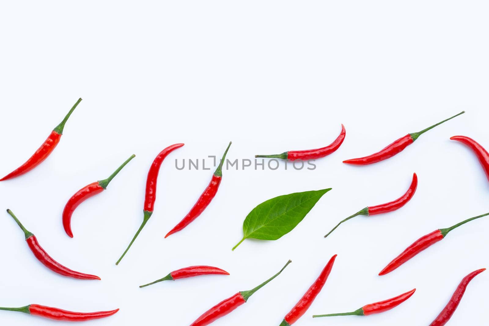 Hot chili peppers on white background. Top view