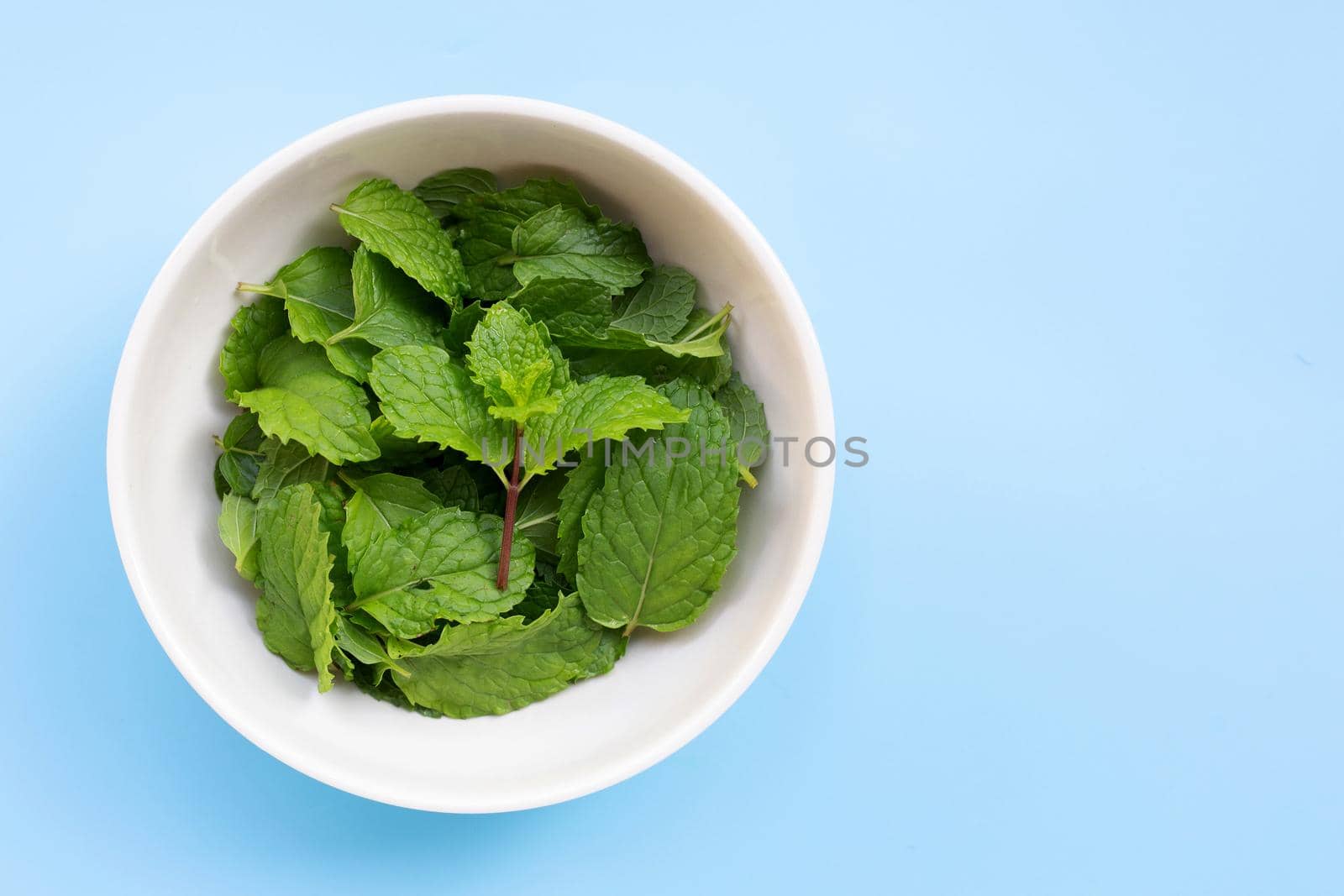 Bowl of mint leaves on blue background. Copy space