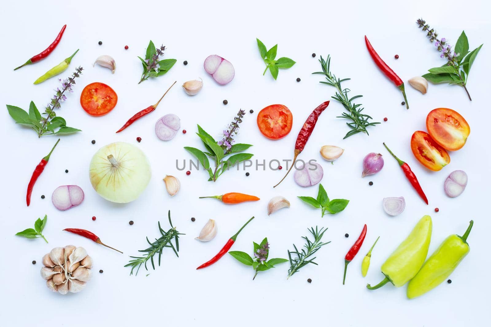 Cooking ingredients, Various fresh vegetables and herbs on white background. Healthy eating concept