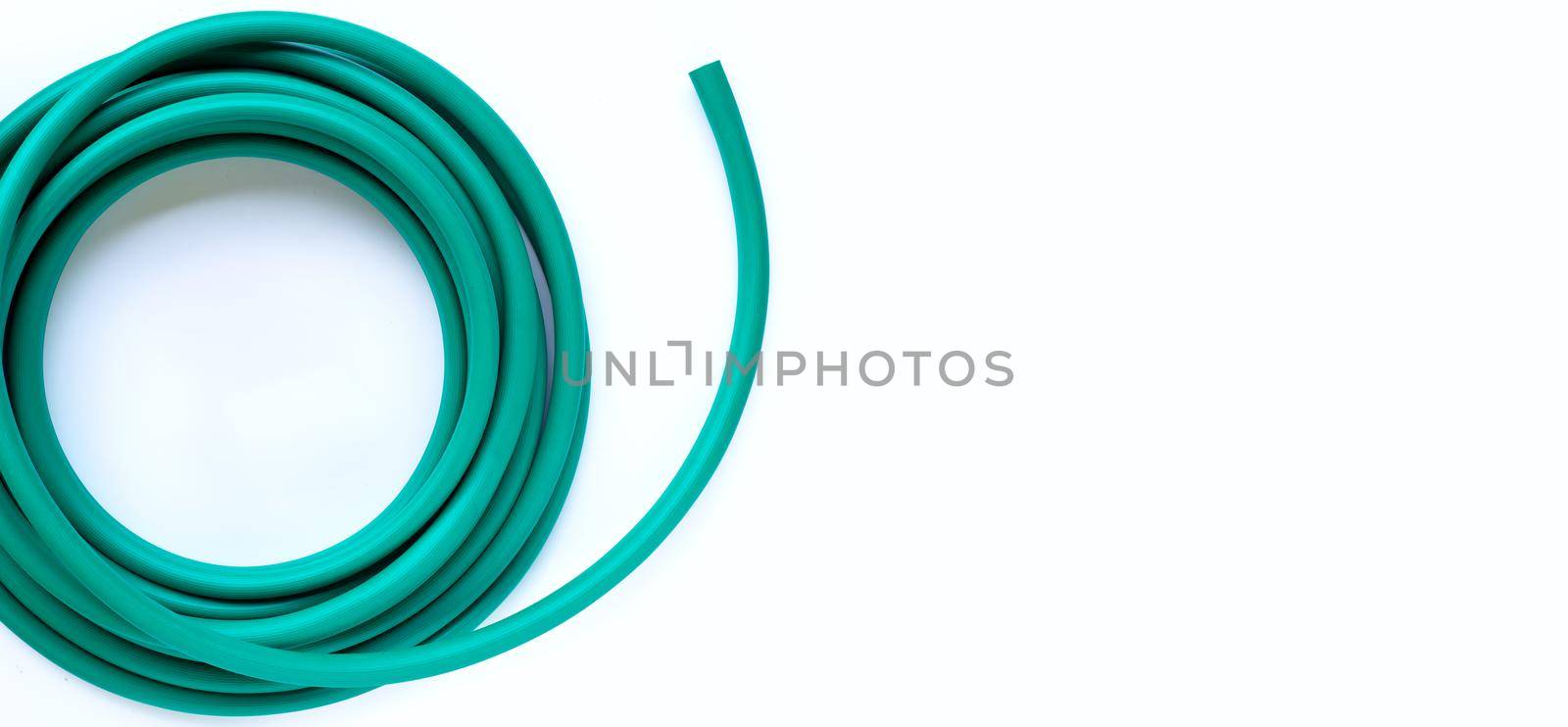 Green garden hose on white background. 