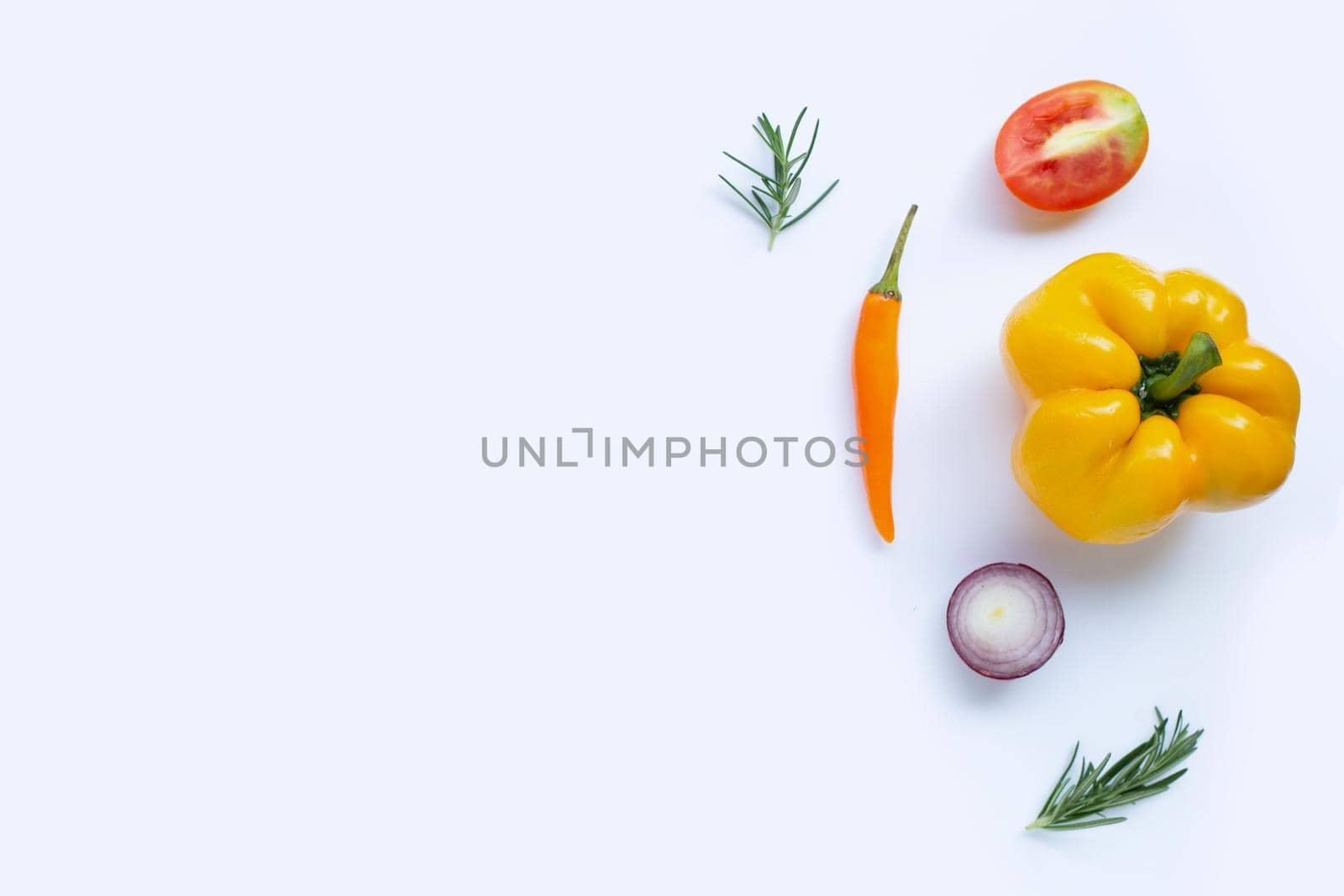 Various fresh vegetables and herbs on white background. Healthy eating concept