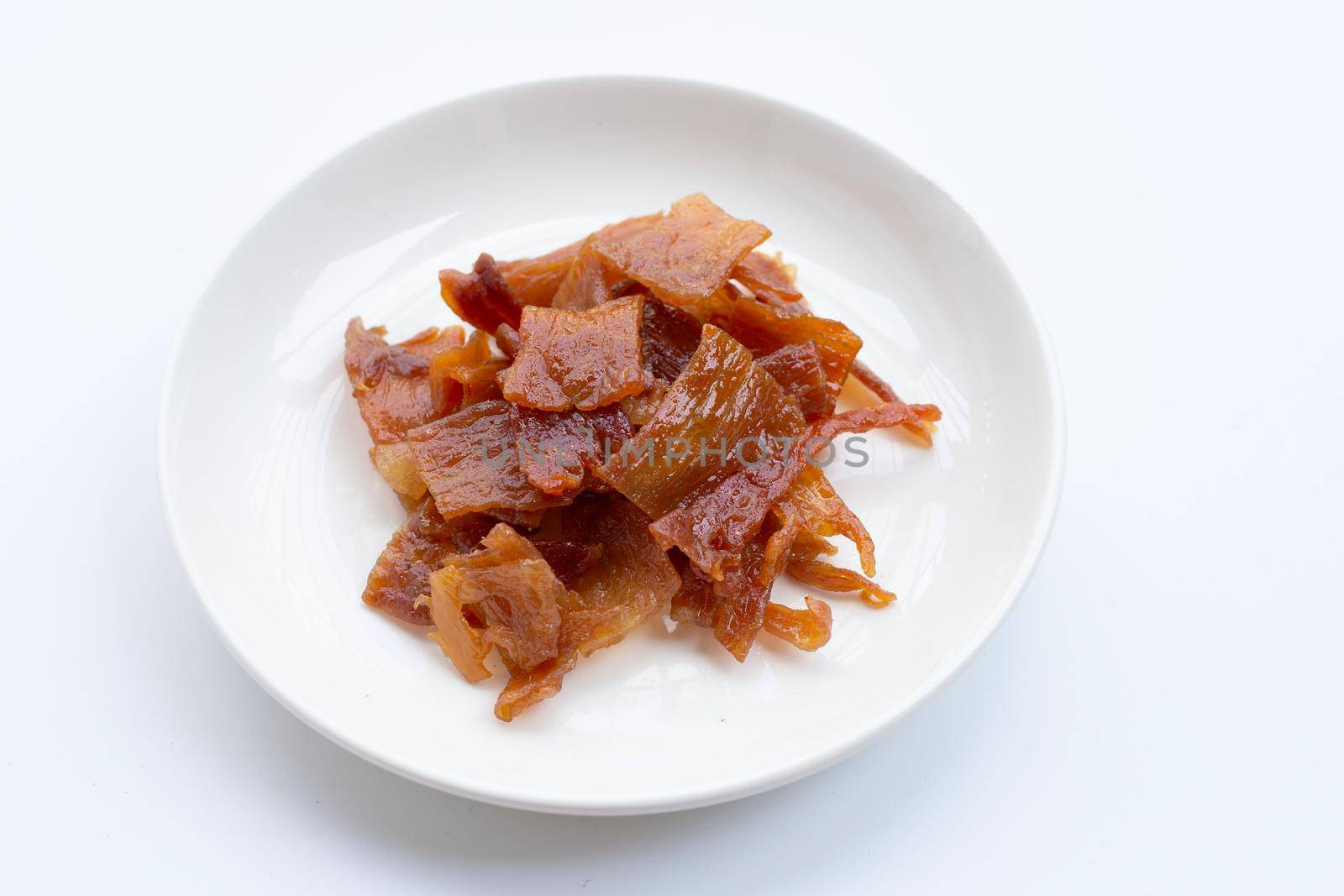 Sweet pork or pork Jerky on white background. Top view