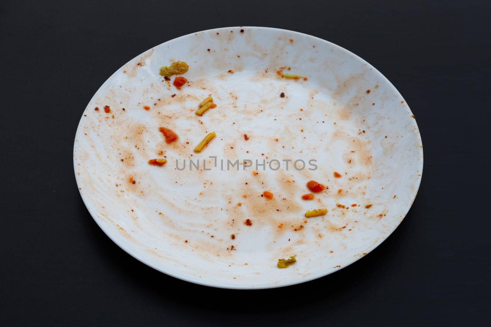 Dirty dish on dark background.