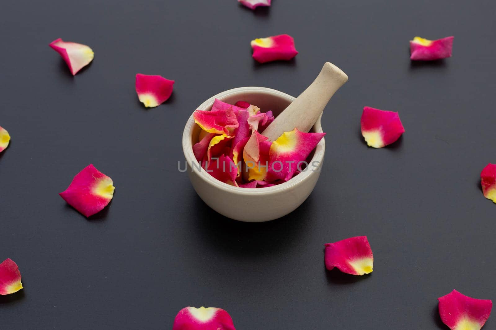 Rose petals in porcelain mortar with pestle isolated on dark background.