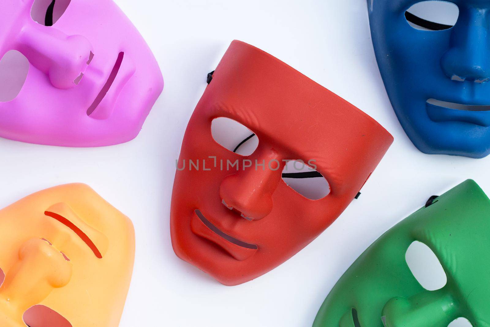 Face masks on white background. Top view
