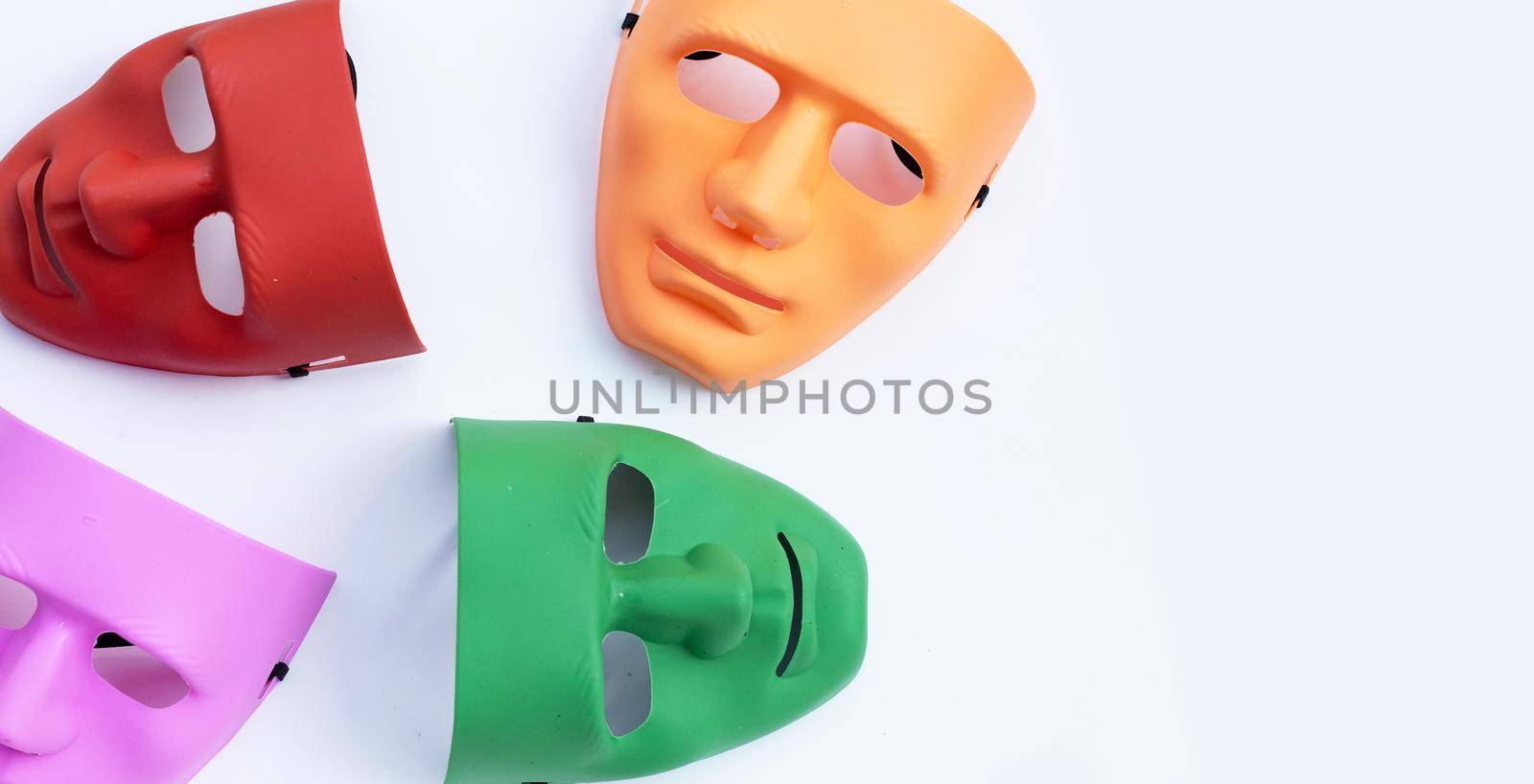 Face masks on white background. Top view