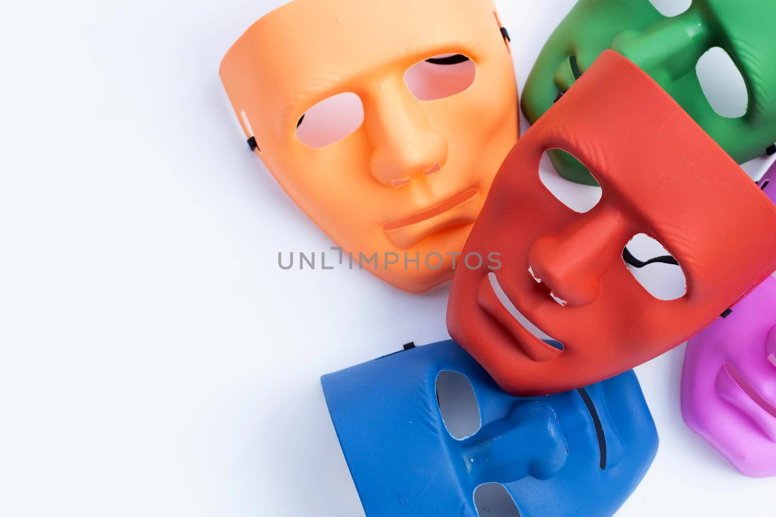 Face masks on white background. Top view