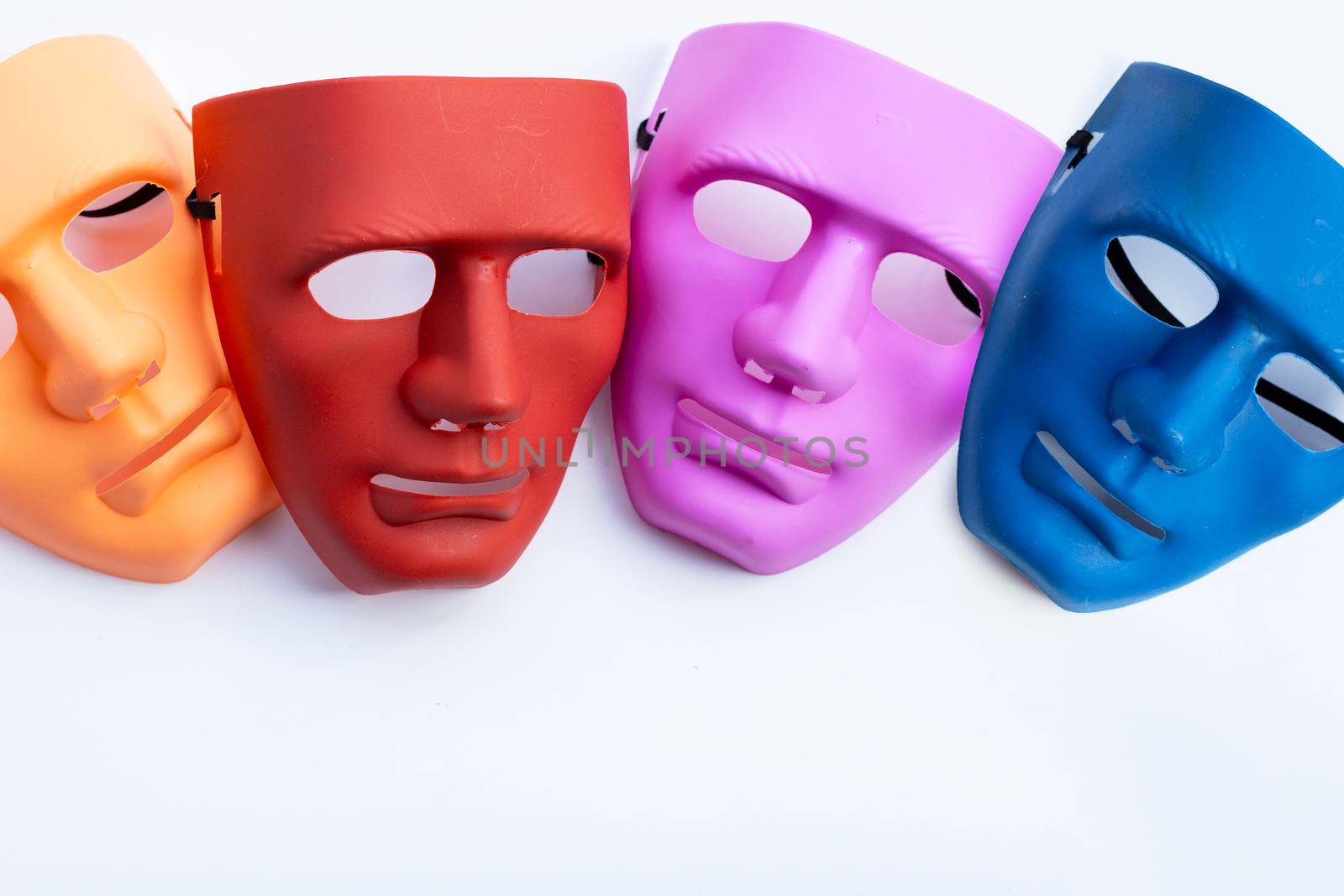 Face masks on white background. Top view