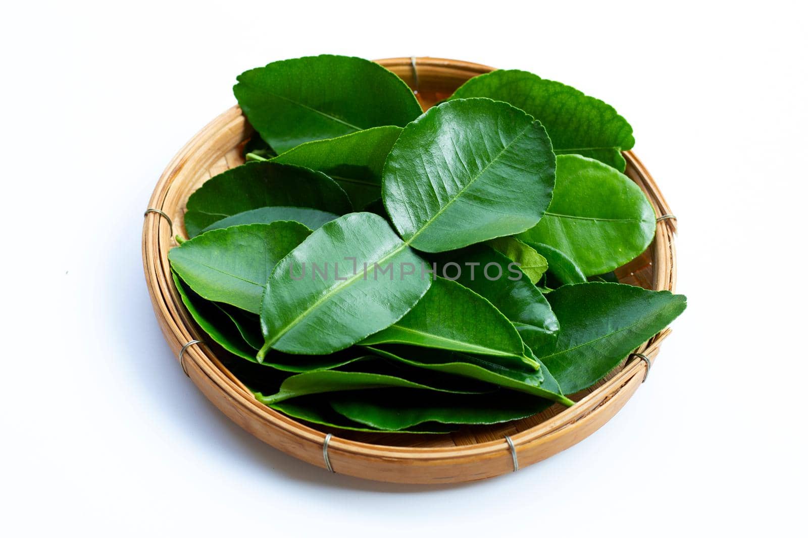 Bergamot kaffir lime leaves herb fresh ingredient isolated on white background.