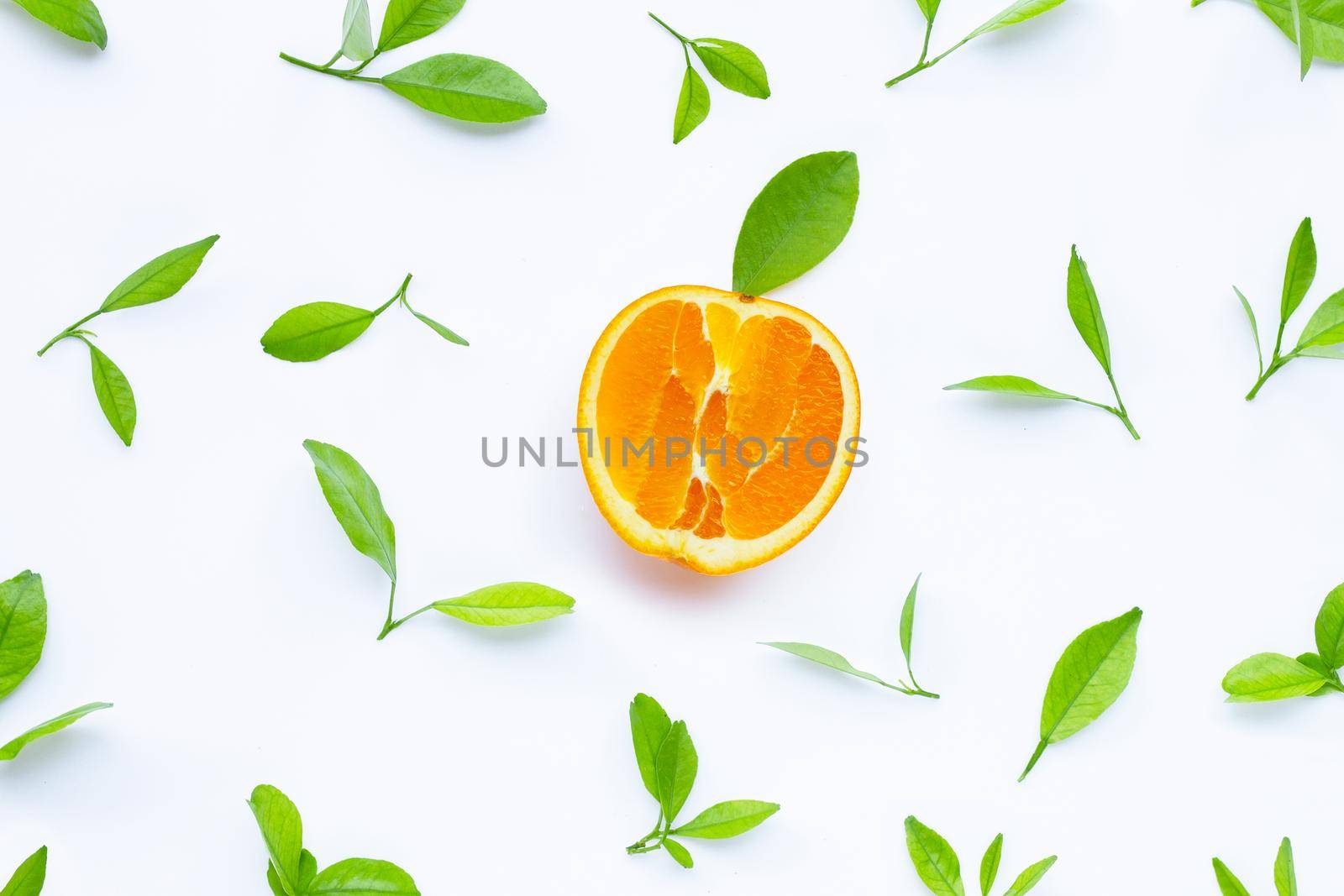 High vitamin C, Juicy and sweet. Fresh orange fruit with green leaves on white background.