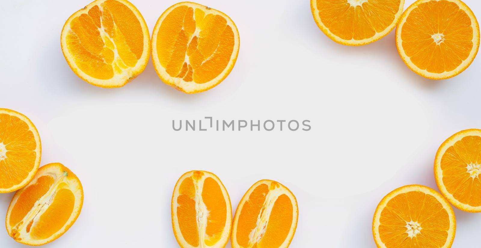 High vitamin C, Juicy and sweet. Frame made of fresh orange fruit on white background.