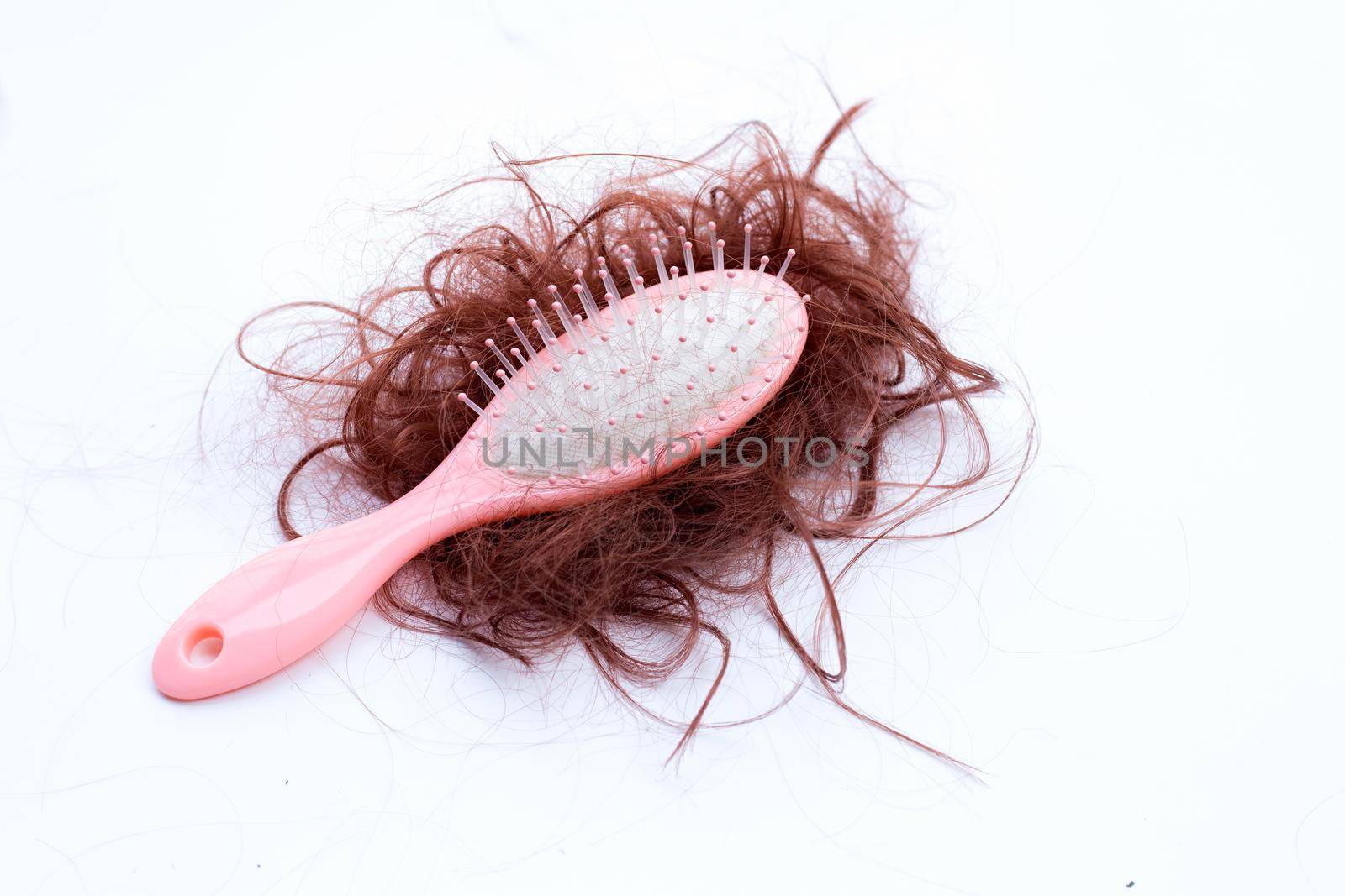 Hairs loss fall in comb on white background.