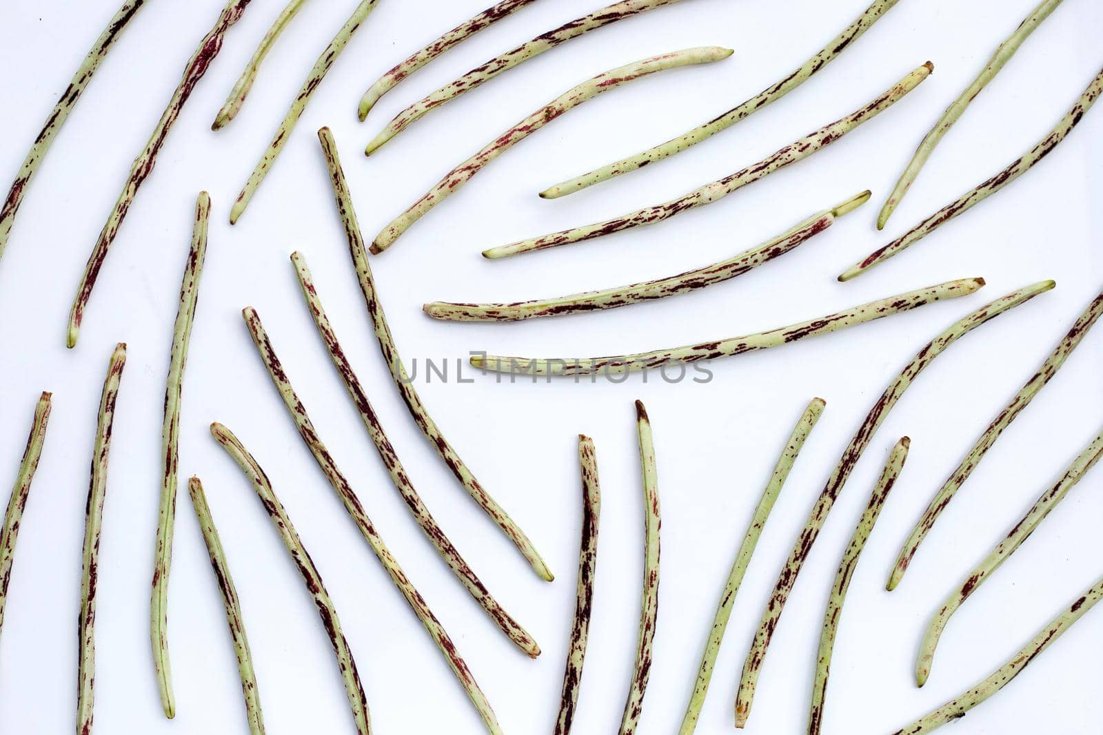 Green purple yard long bean on white.