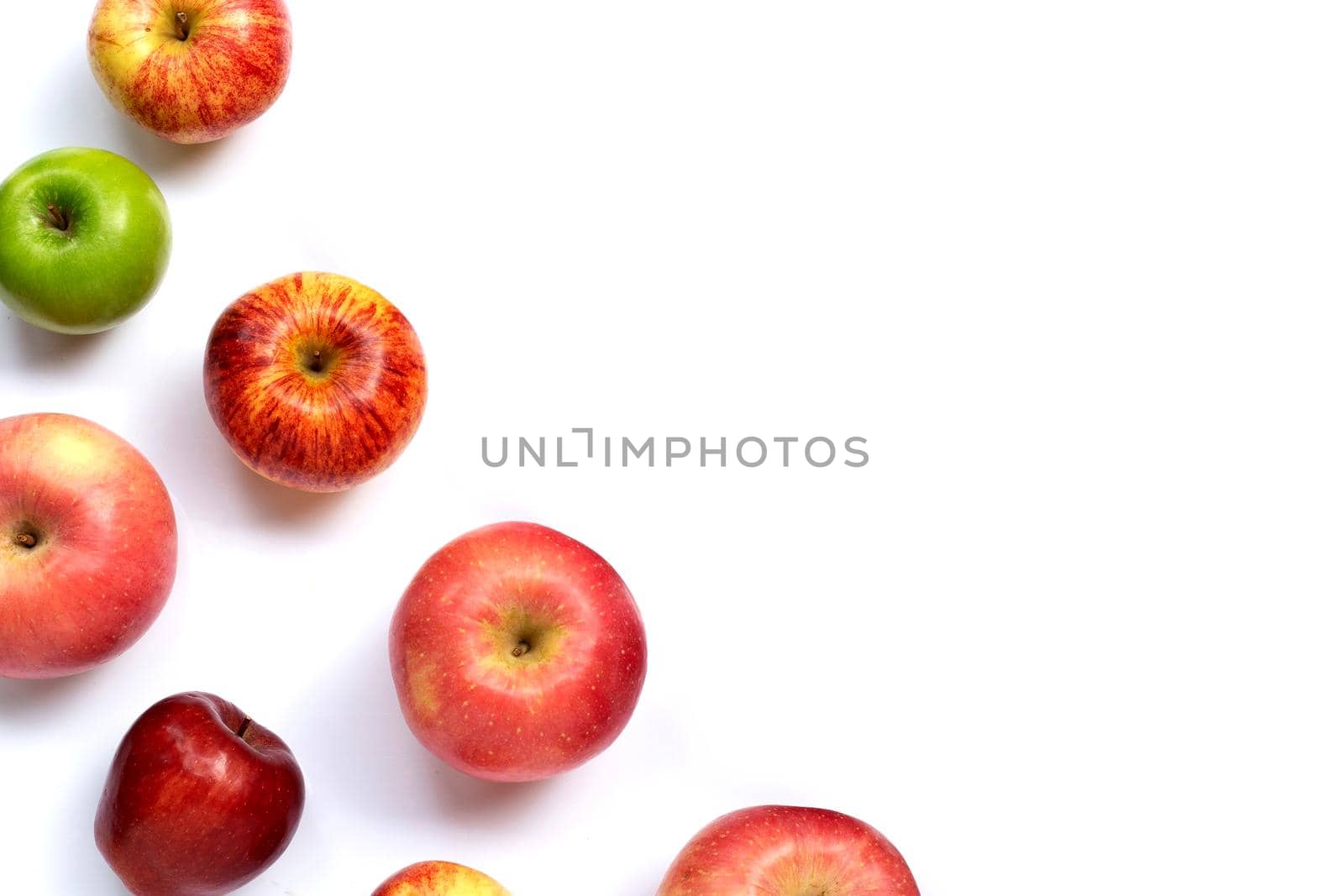 Fresh juicy apples on white background. Copy space