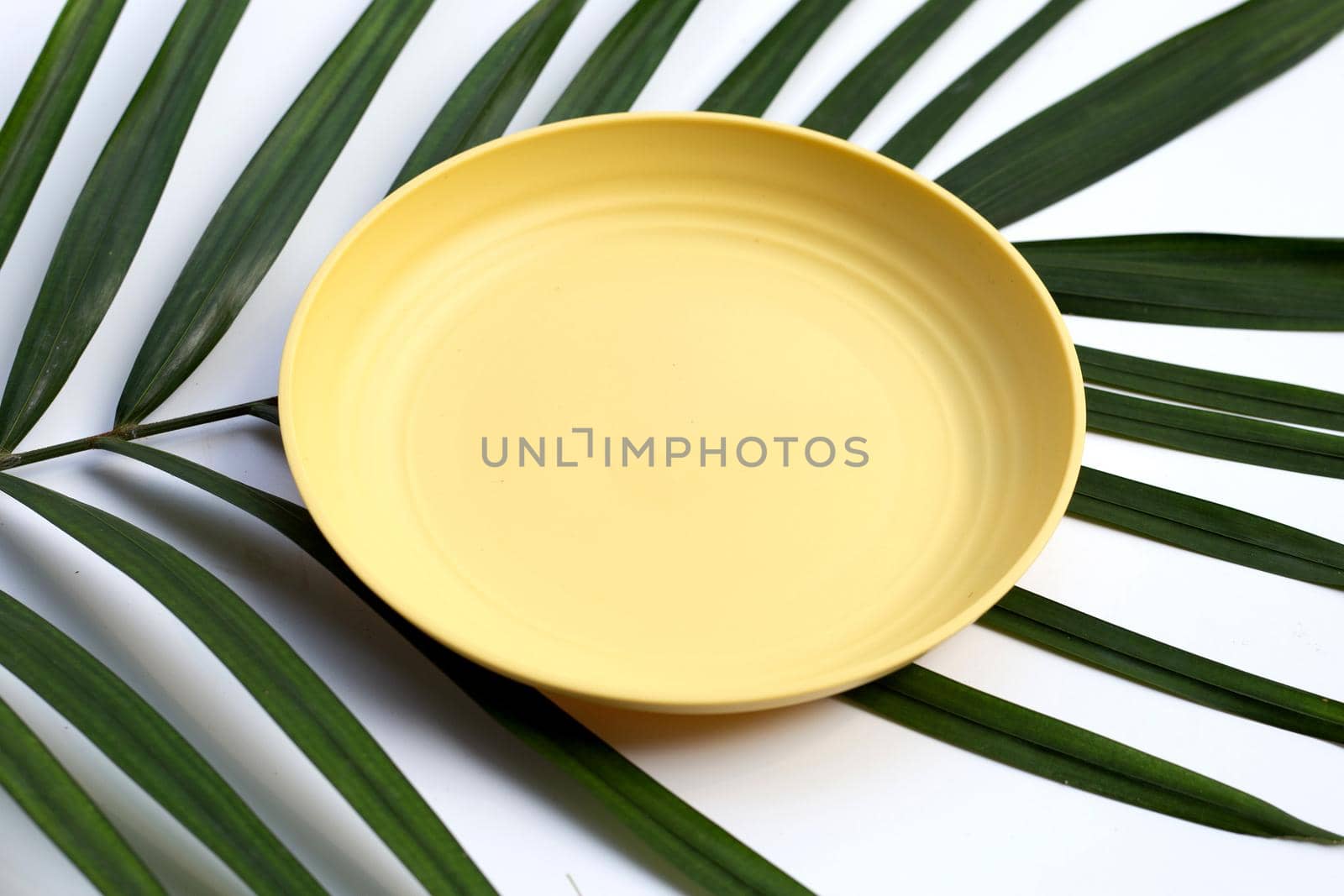 Empty yellow plate on tropical palm leaves on white background. 