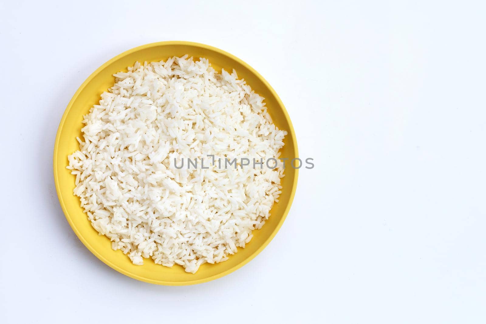 Dish of rice on white background.