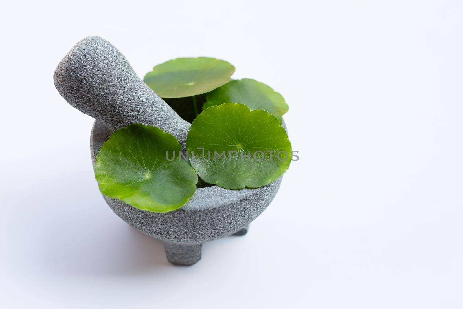 Fresh green centella asiatica leaves or water pennywort  plant in mortar with pestle on white background.