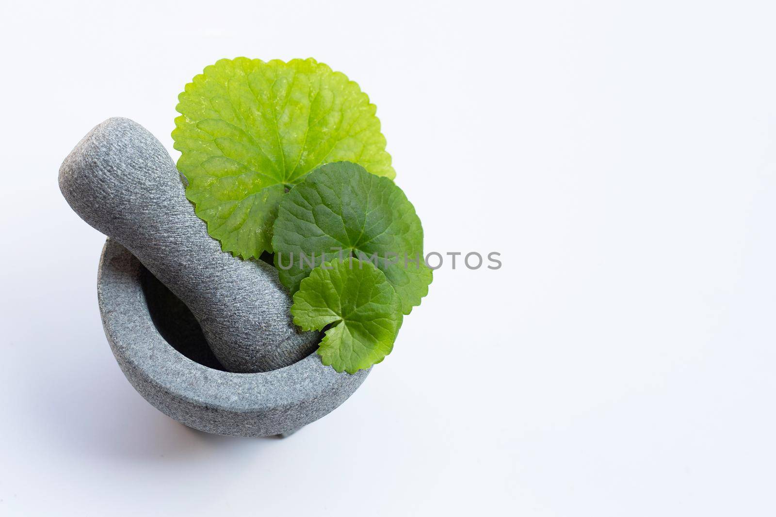 Fresh leaves of gotu kola in mortar with pestle on white background.