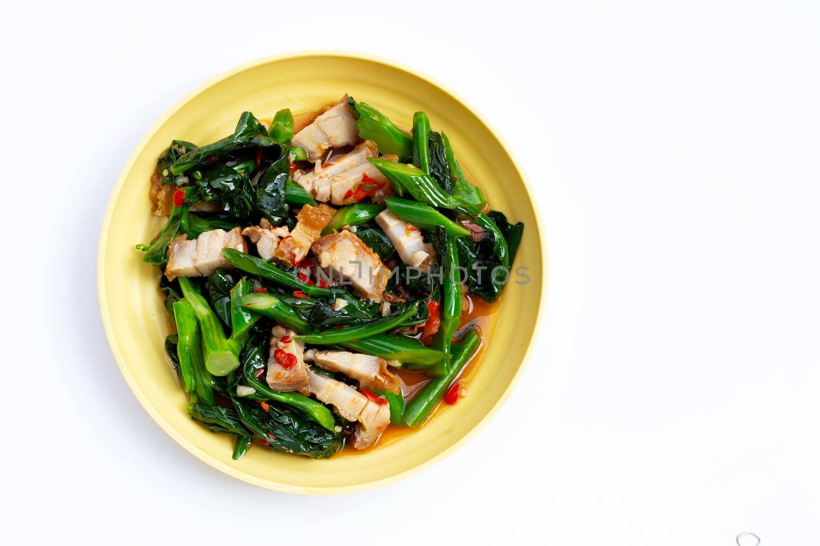 Stir fried chinese kale with crispy pork belly