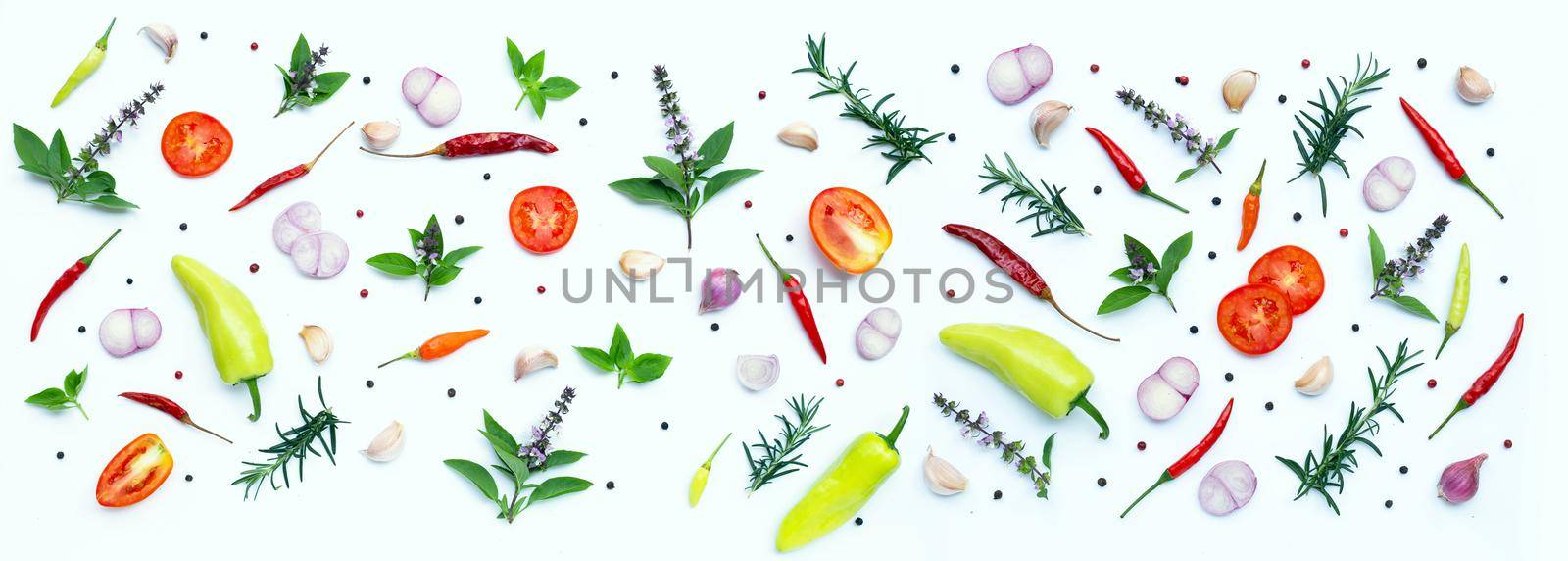 Cooking ingredients, Various fresh vegetables and herbs on white background. Healthy eating concept