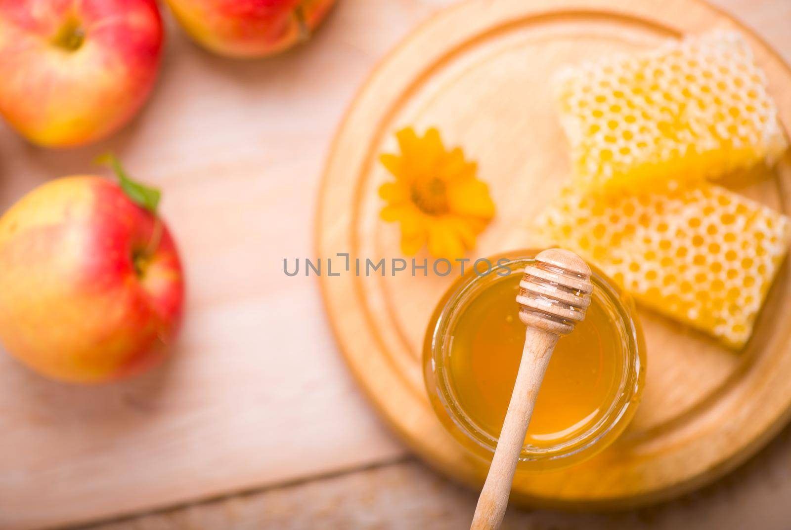 Honey dipper on the bee honeycomb background. Honey tidbit in glass jar and honeycombs wax. by aprilphoto