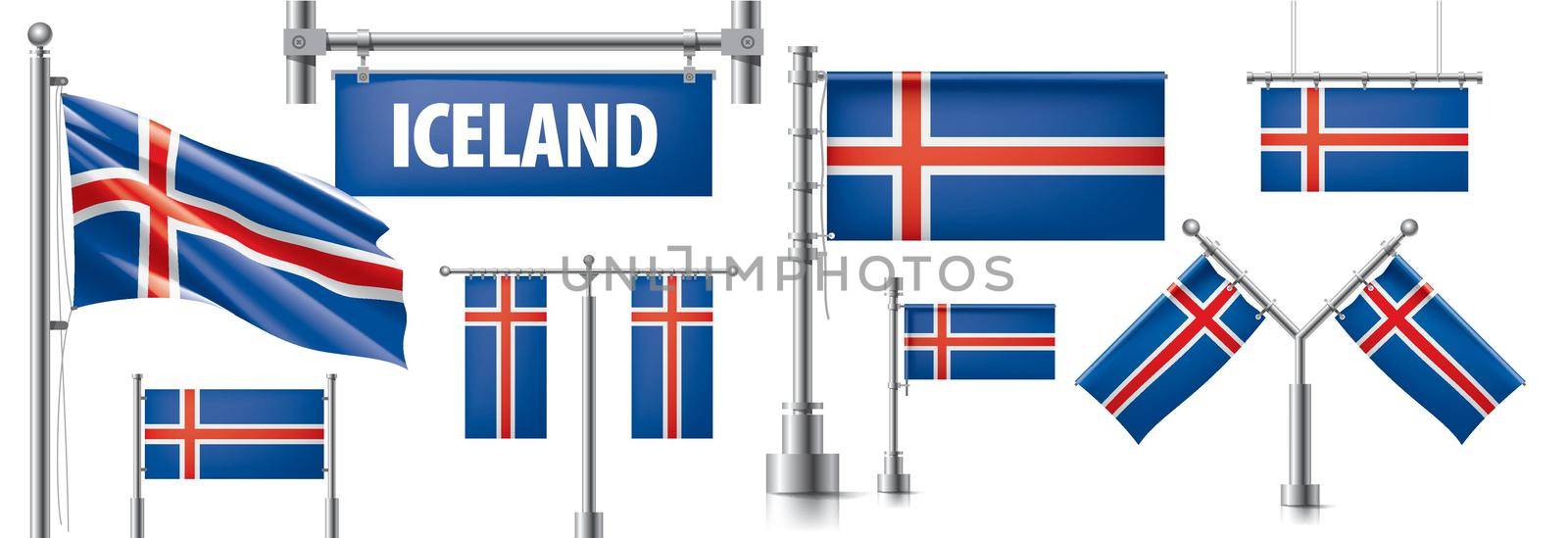 Vector set of the national flag of Iceland in various creative designs.