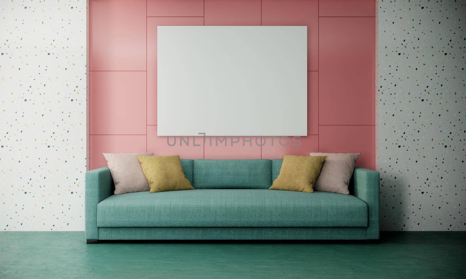 blank picture frame mock up in modern colorful living room interior with green sofa on pink and white wall, 3d rendering