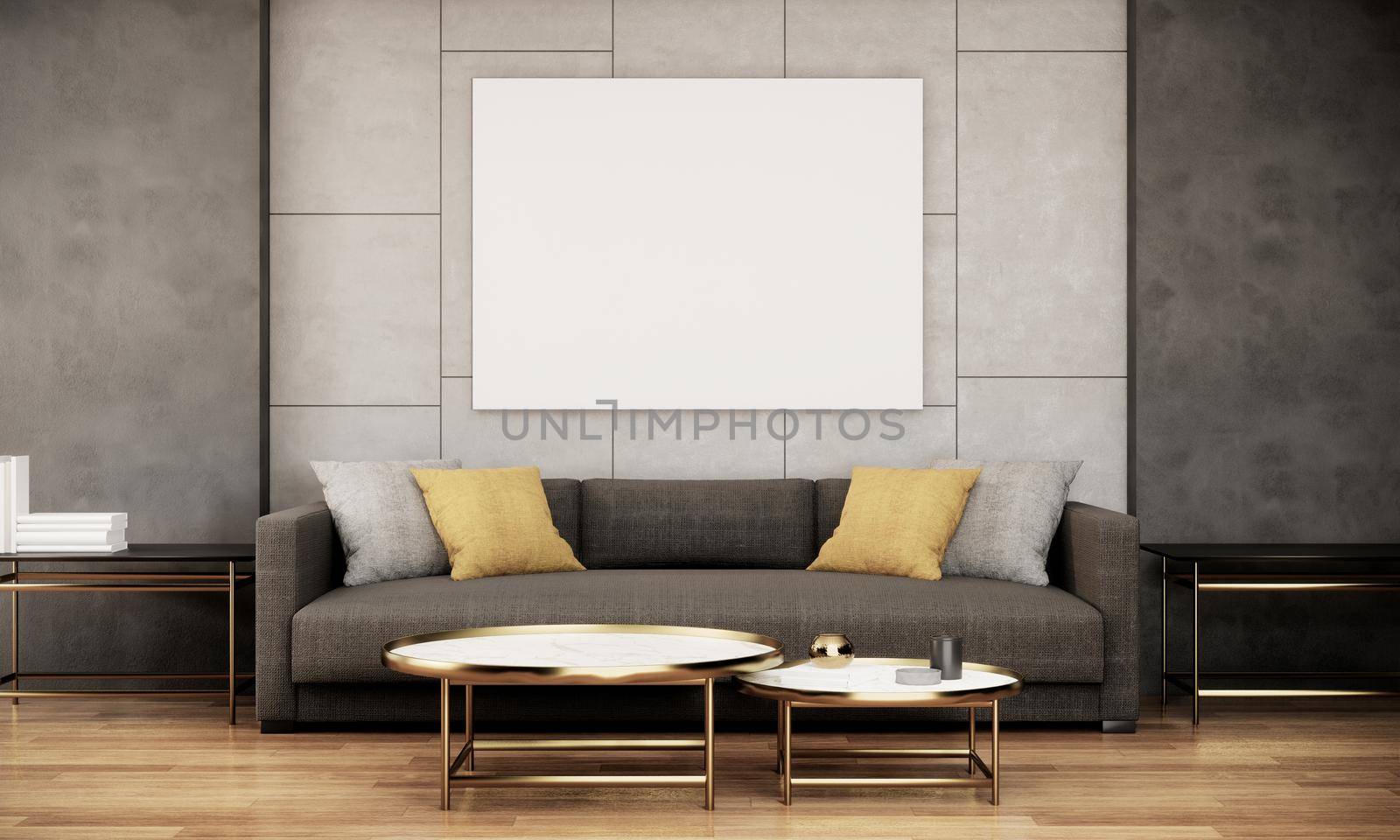 blank picture frame mock up in modern living room interior with sofa and table with wooden floor and gray wall, 3d rendering