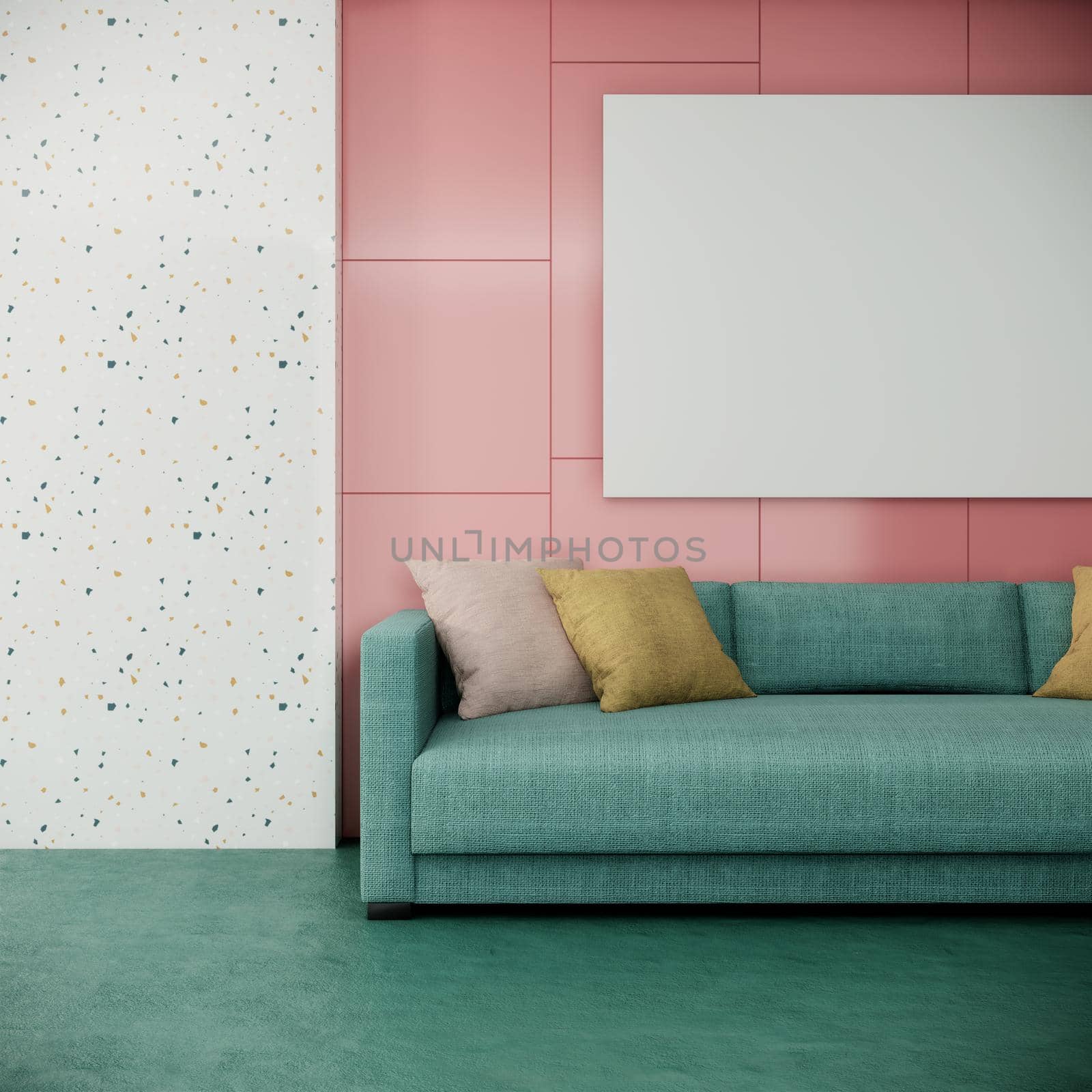 blank picture frame mock up in modern colorful living room interior design with green sofa on pink and white wall, 3d rendering background by CREATIVEWONDER