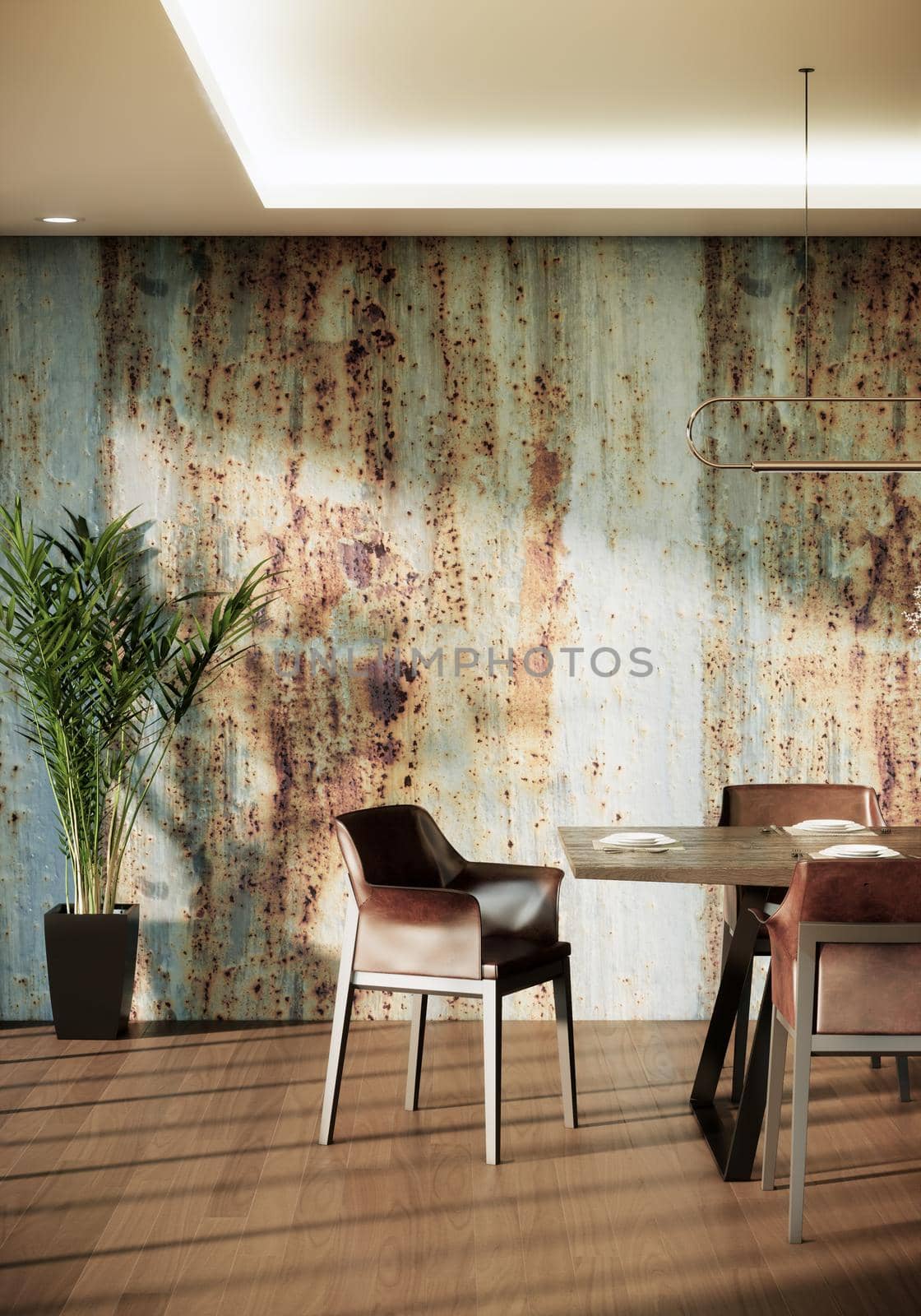 modern grunge dining room interior design, grunge wall style and wooden floor, 3d render background