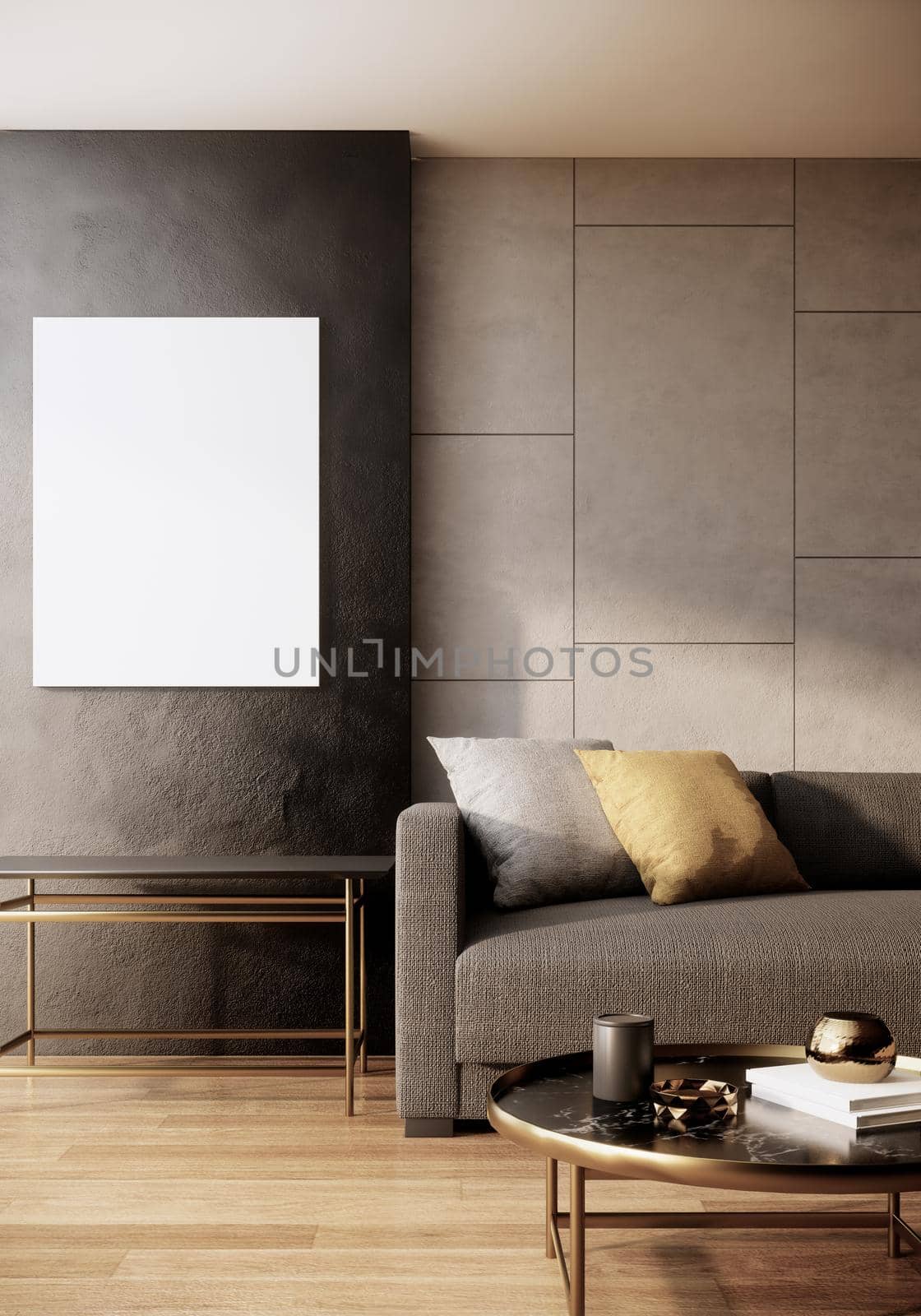 vertical picture frame mock up in modern living room interior with sofa and table with wooden floor and gray wall, 3d rendering