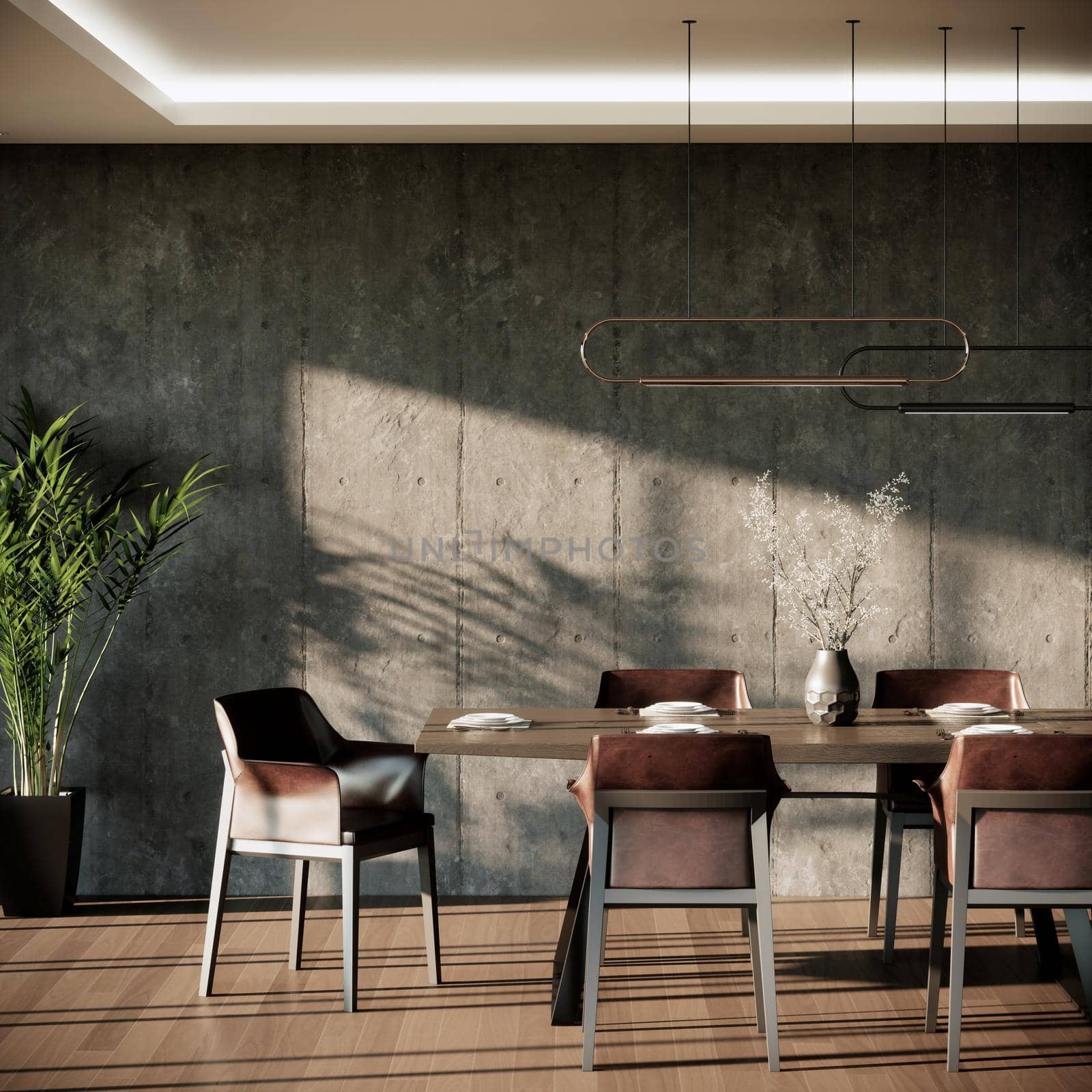 interior design of modern loft dining room, gray loft wall and parquet floor, 3d render background