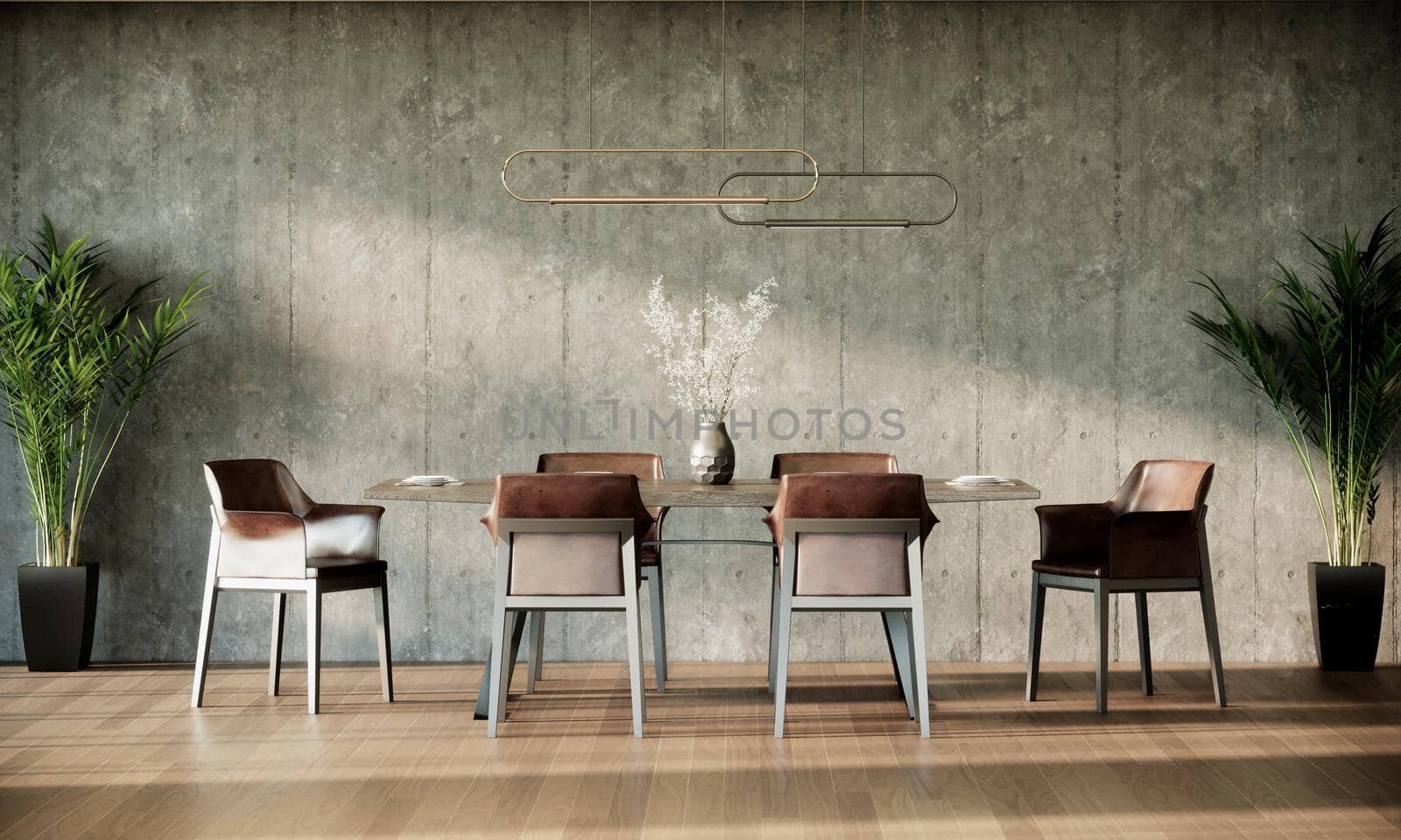 modern loft dining room interior design, gray loft wall and parquet floor, 3d render background by CREATIVEWONDER