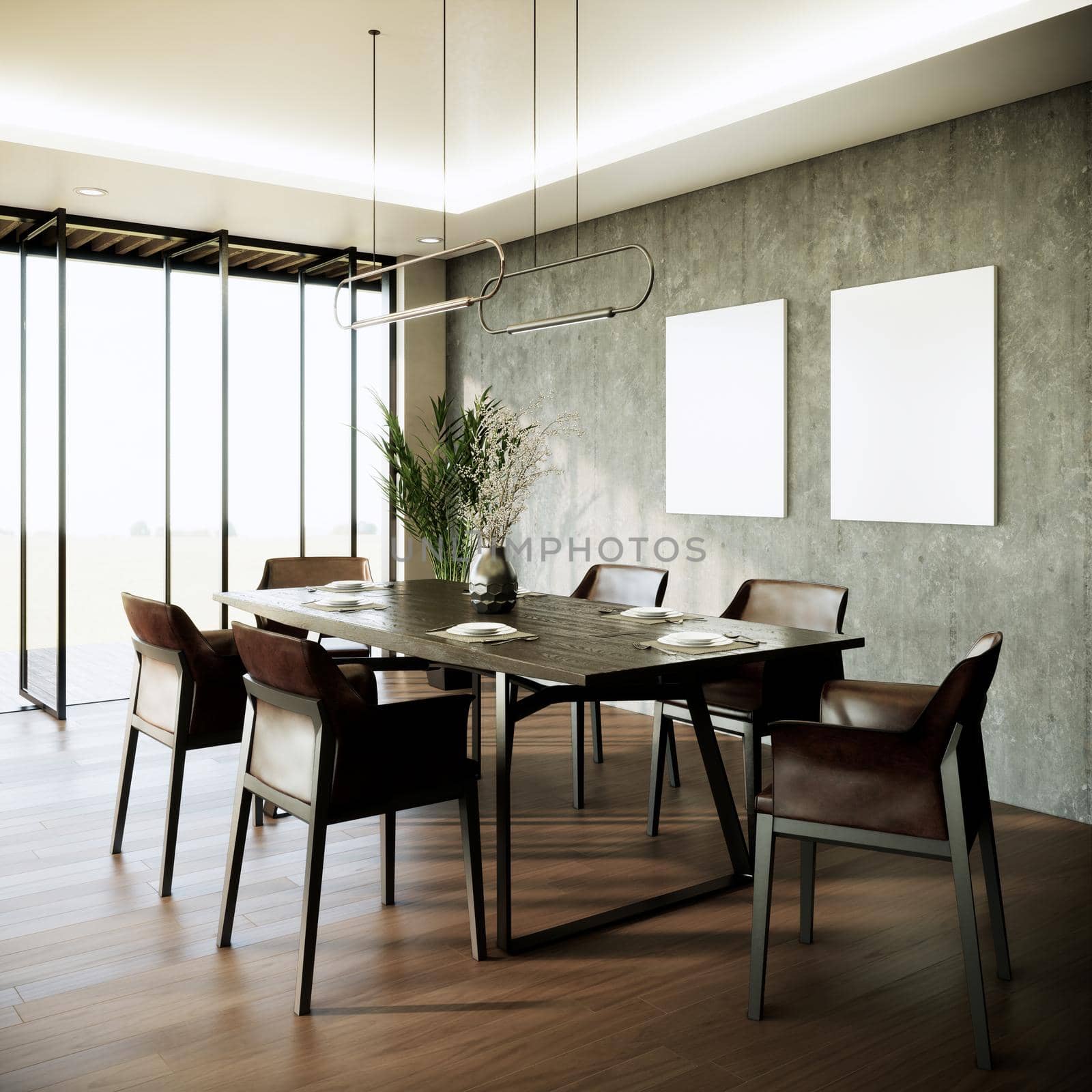 modern loft dining room interior design, blank picture frame on gray wall, looking out to see the view, 3d render background