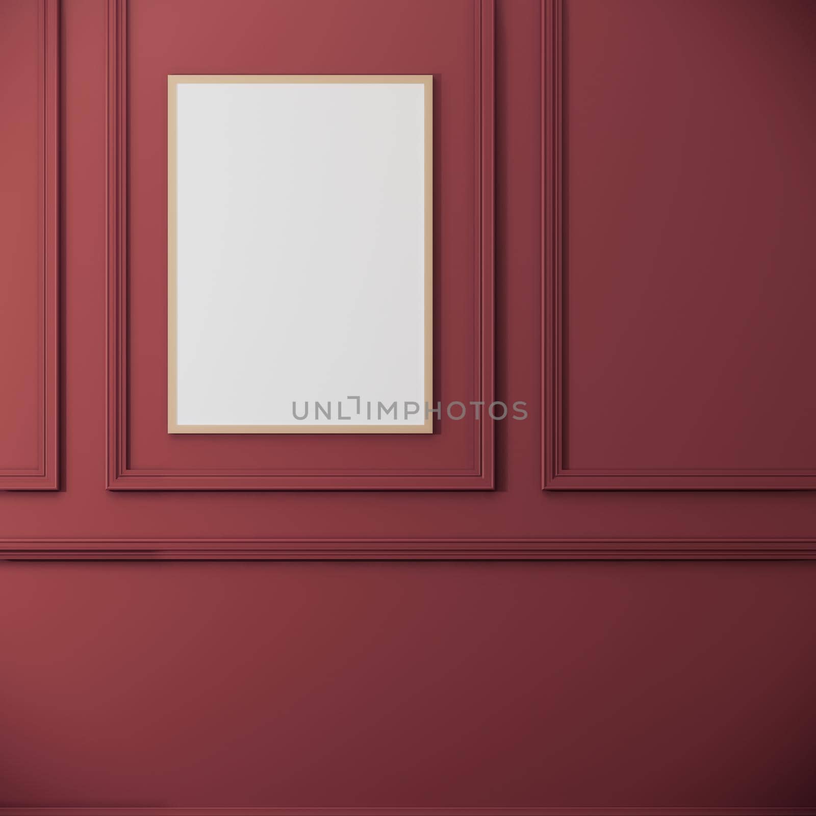 Blank picture frame mock up on red classic wall. room interior design, 3d rendering