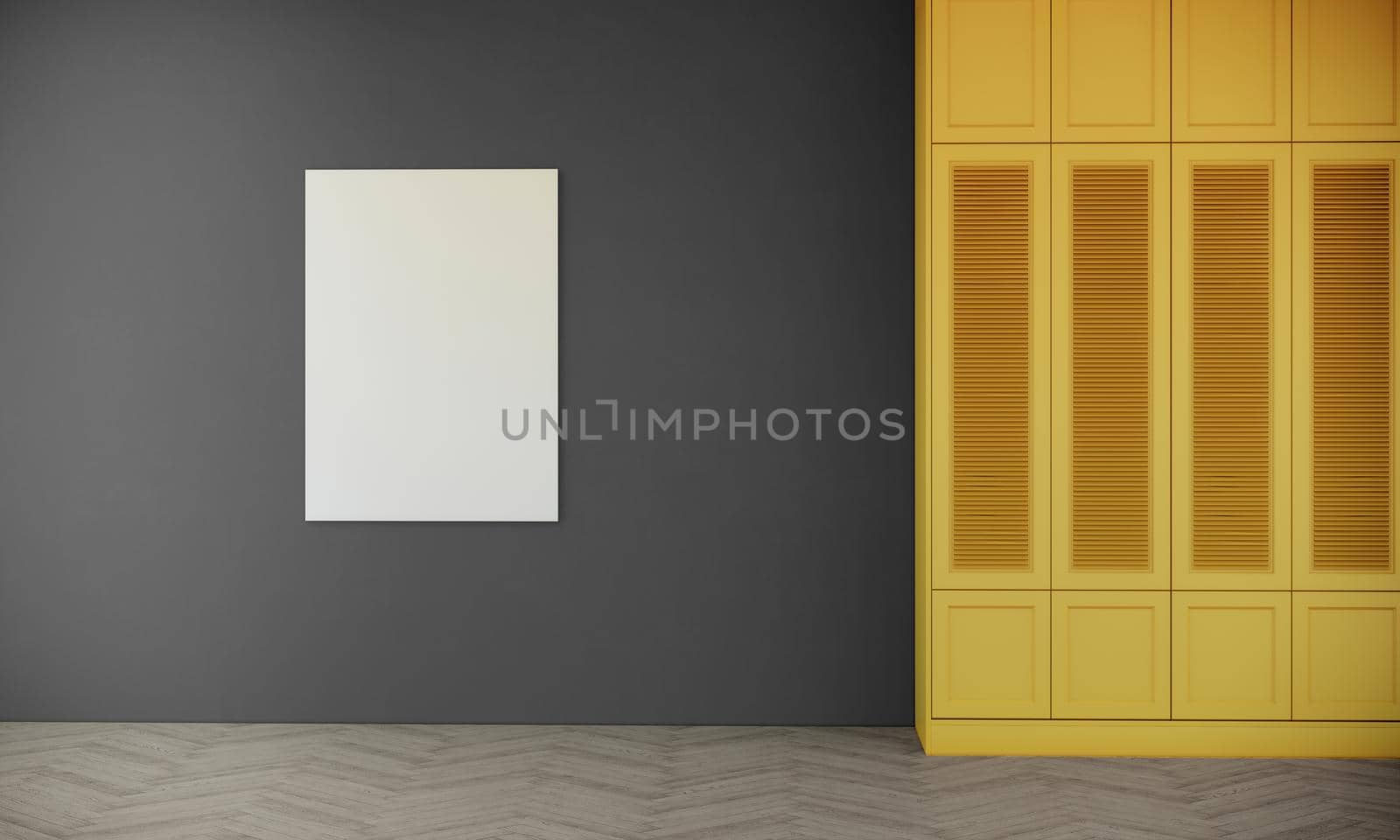 Blank picture frame mock up and yellow cabinet on gray wall. room interior design, 3d rendering by CREATIVEWONDER