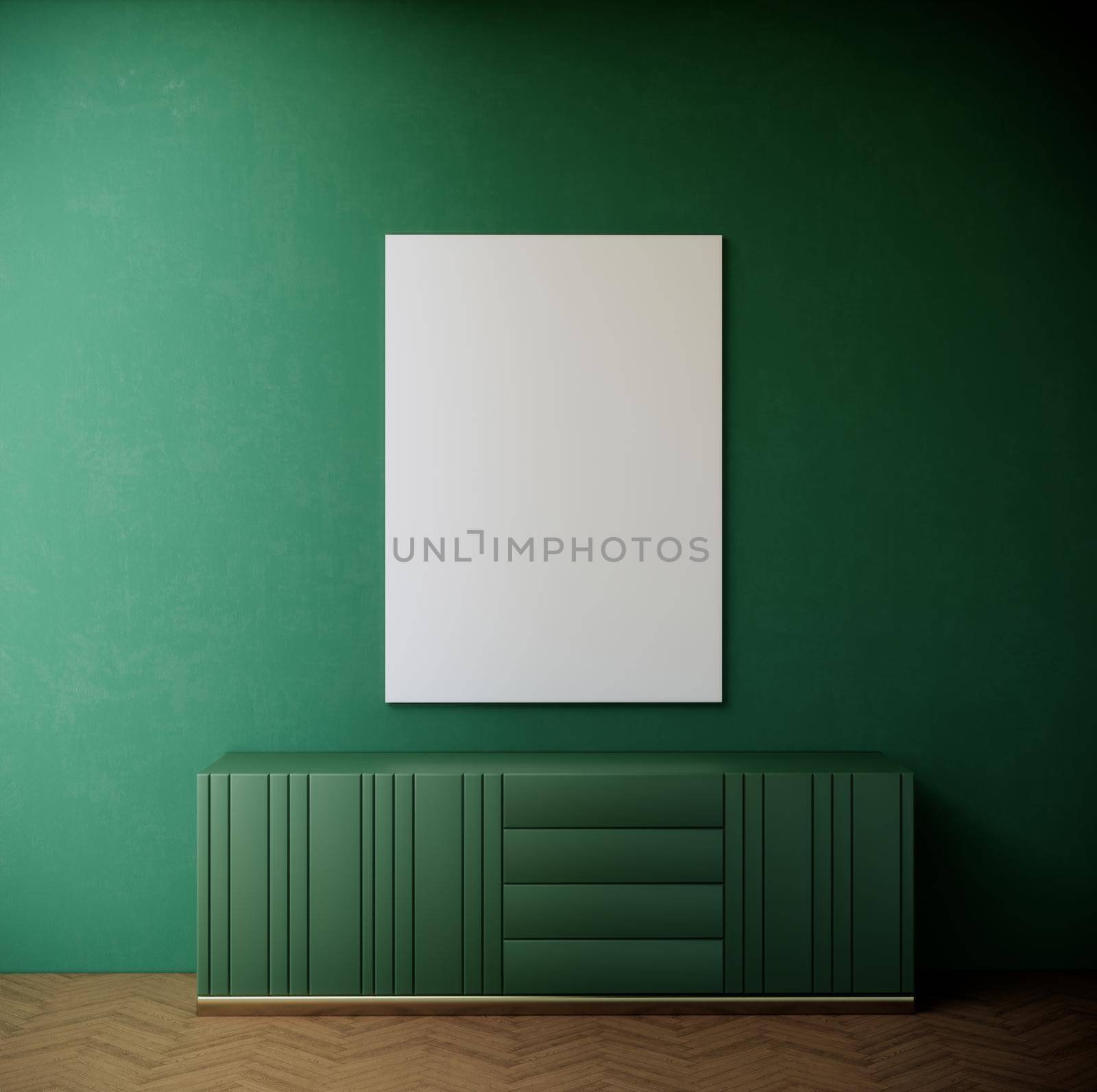 Blank picture frame mock up on Green wall, modern room interior, 3d rendering background