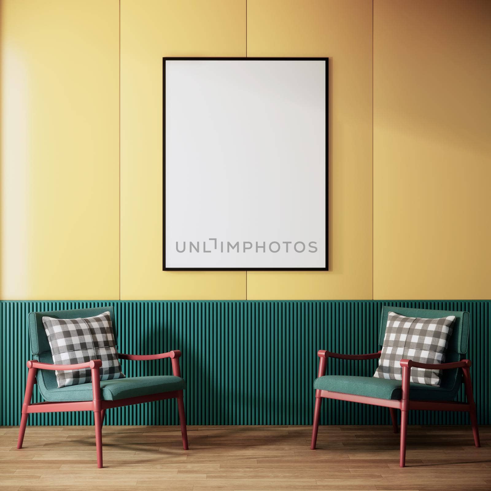 Blank picture frame mock up on yellow wall, room interior, 3d rendering