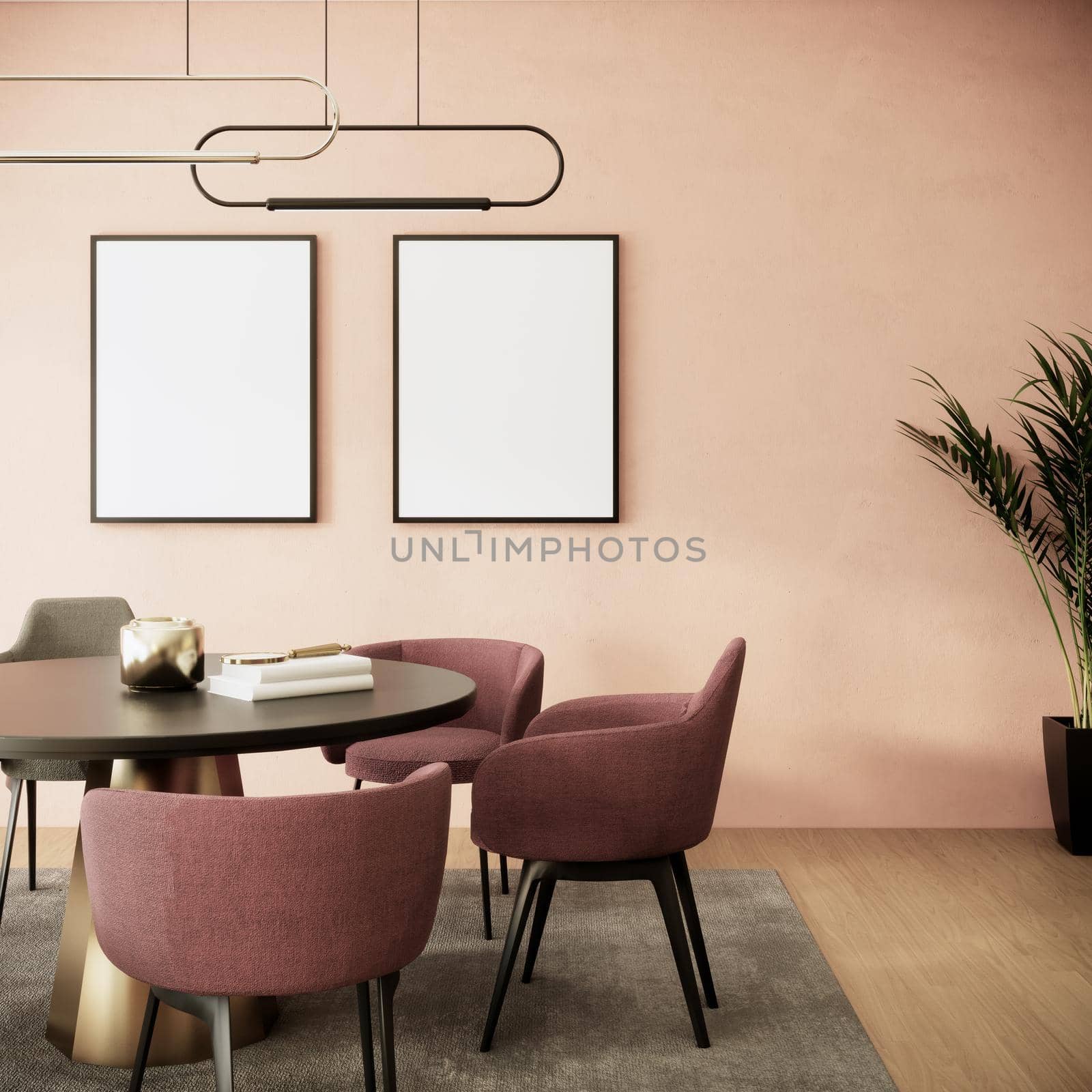 Blank picture frame mock up in Peach color room interior, 3d rendering background