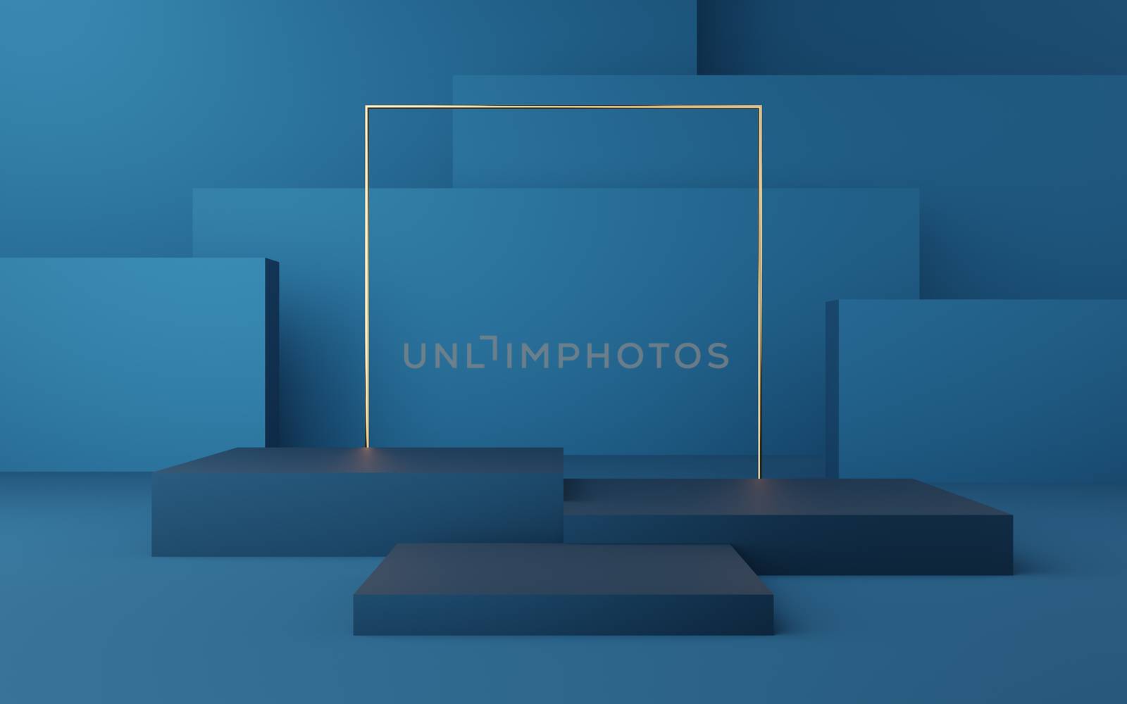 Empty blue cube podium with gold border and gold square on blue box background. Abstract minimal studio 3d geometric shape object. Mockup space for display of product design. 3d rendering.