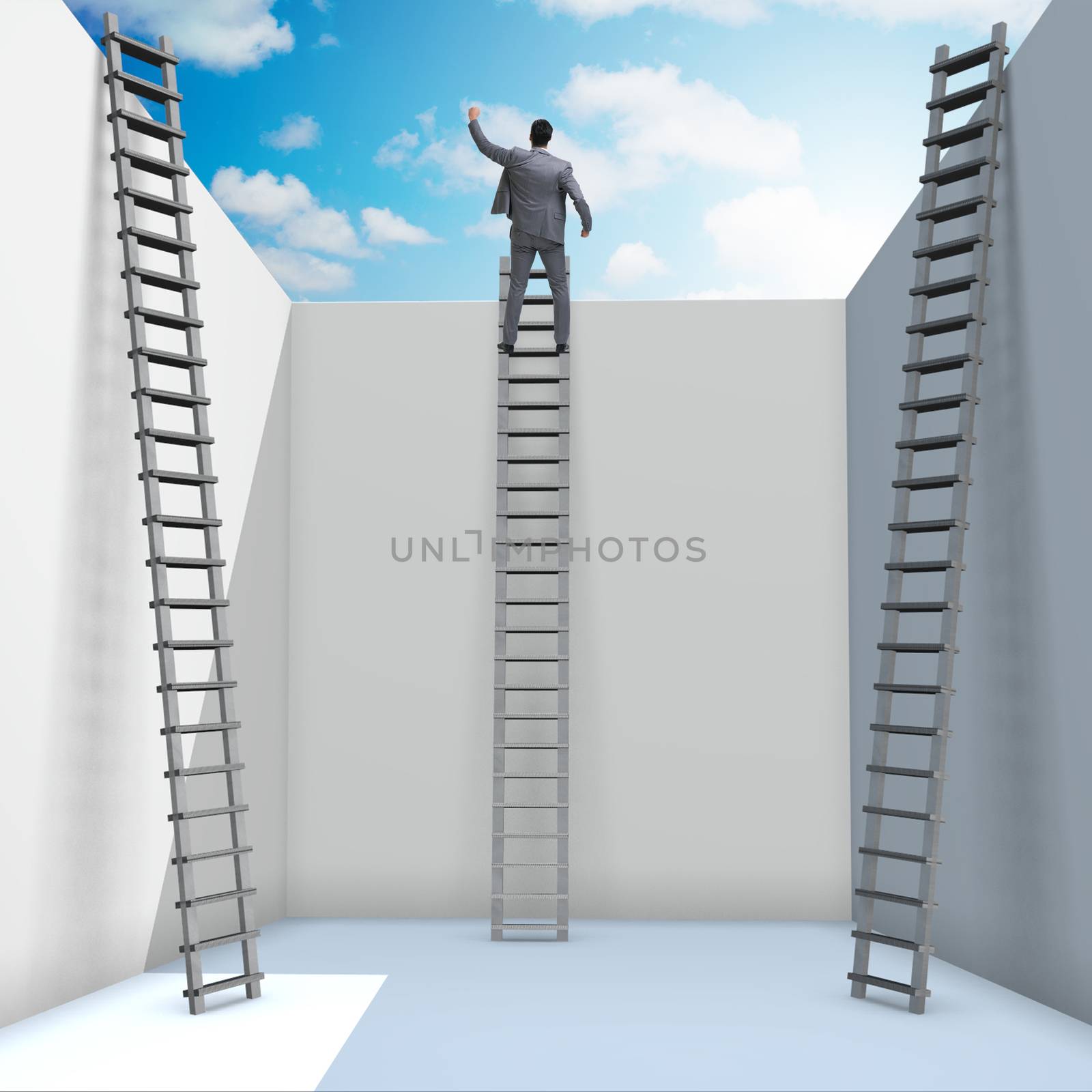 Businessman climbing a ladder to escape from problems